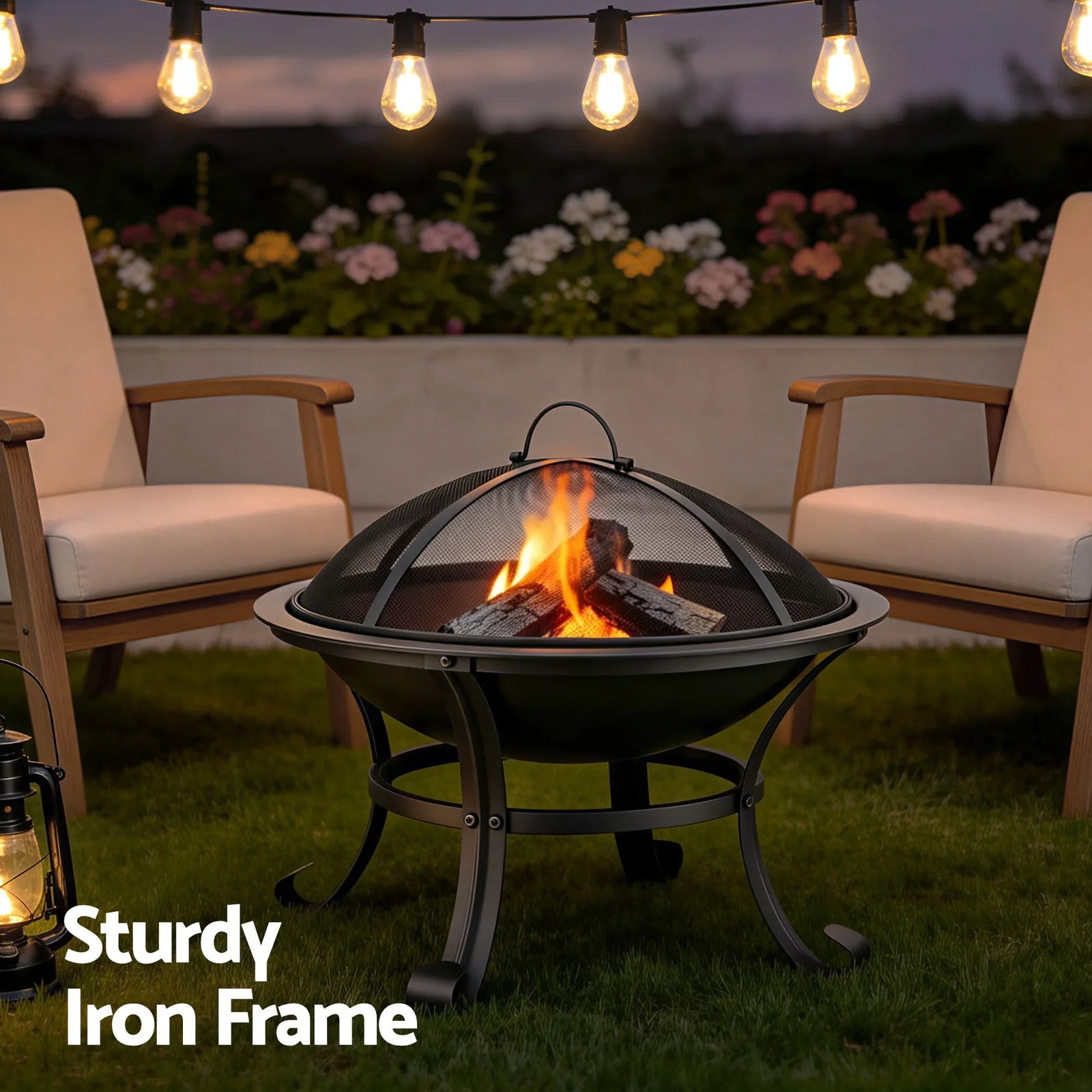 Fire Pit with Mesh Lid and Fire Picker BBQ Grill Wood Burning Outdoor Camping