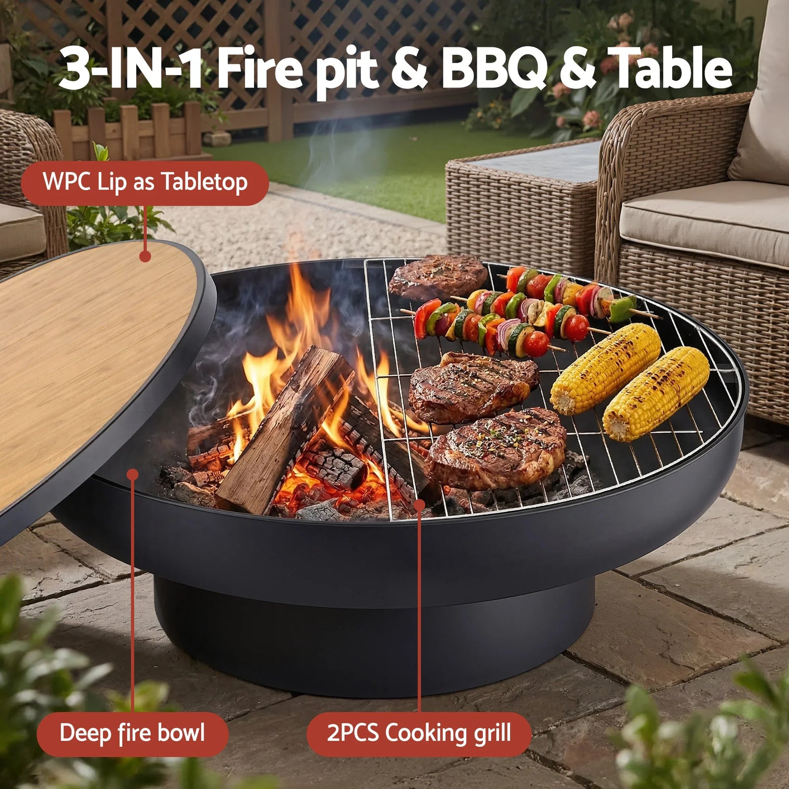 Fire Pit Table with Lid Deep Fire Bowl Wood Burning BBQ Grill for Backyard Camping Patio Picnic
