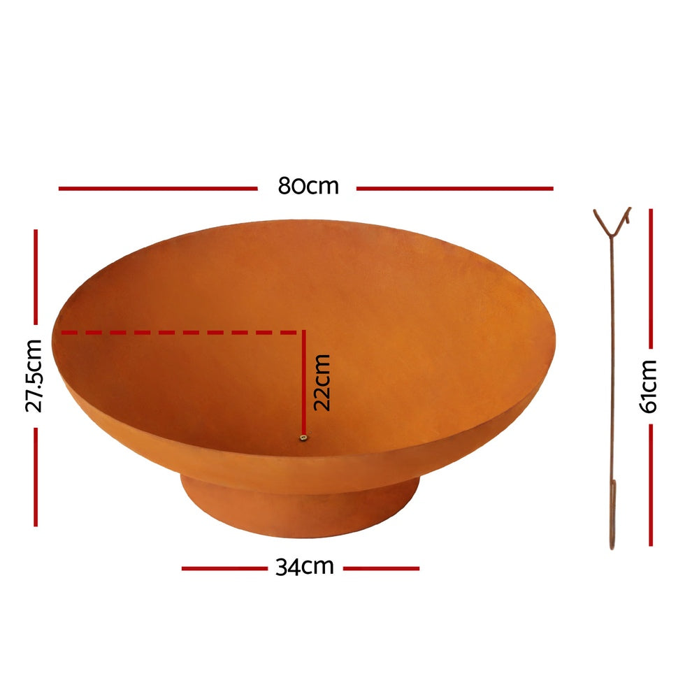 80cm Iron Fire Pit Bowl Outdoor Patio Fireplace Wood Burning Rust Finish