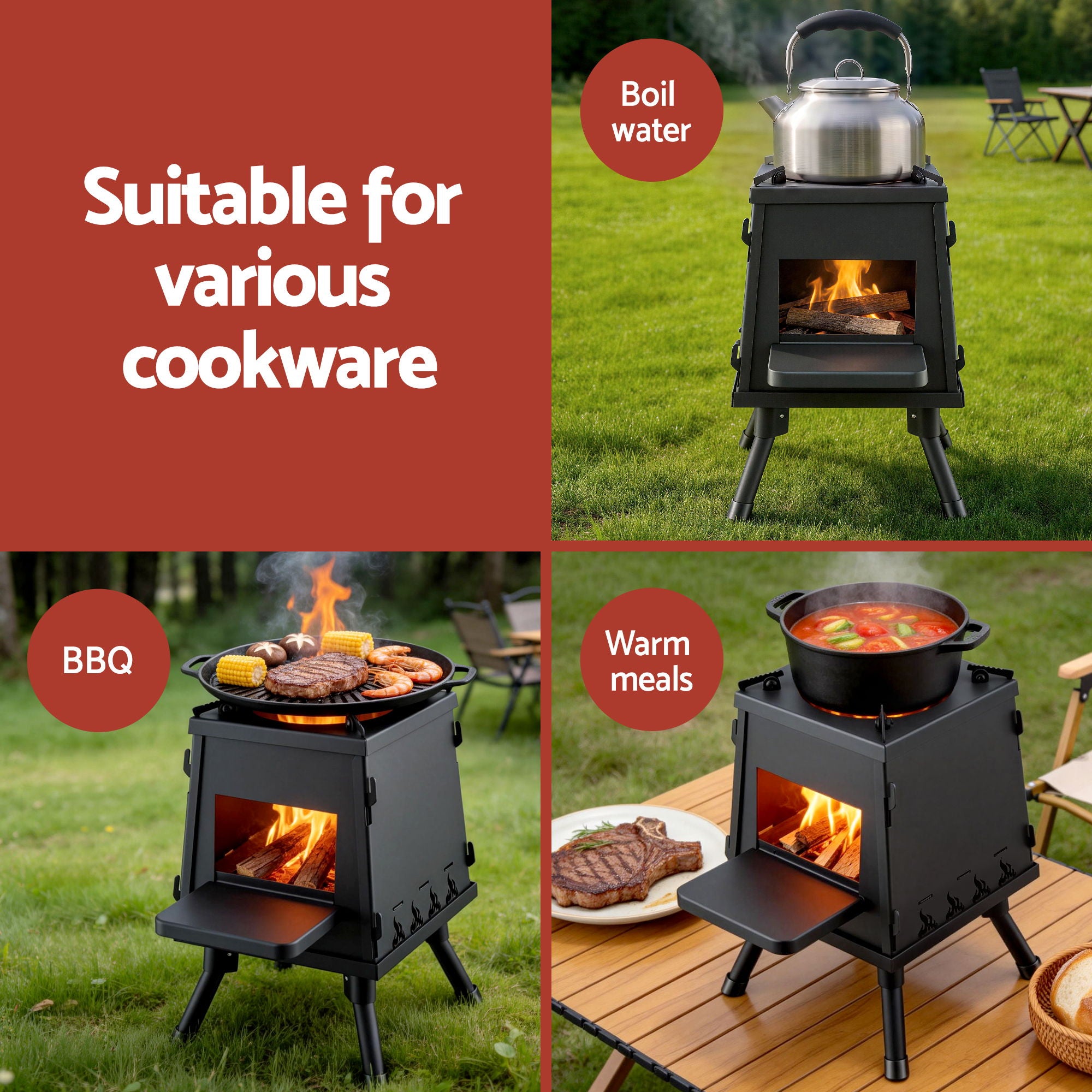 Fire Pit BBQ Portable Outdoor Fireplace Metal Camping Stove for Boiling Water, BBQ, Picnics