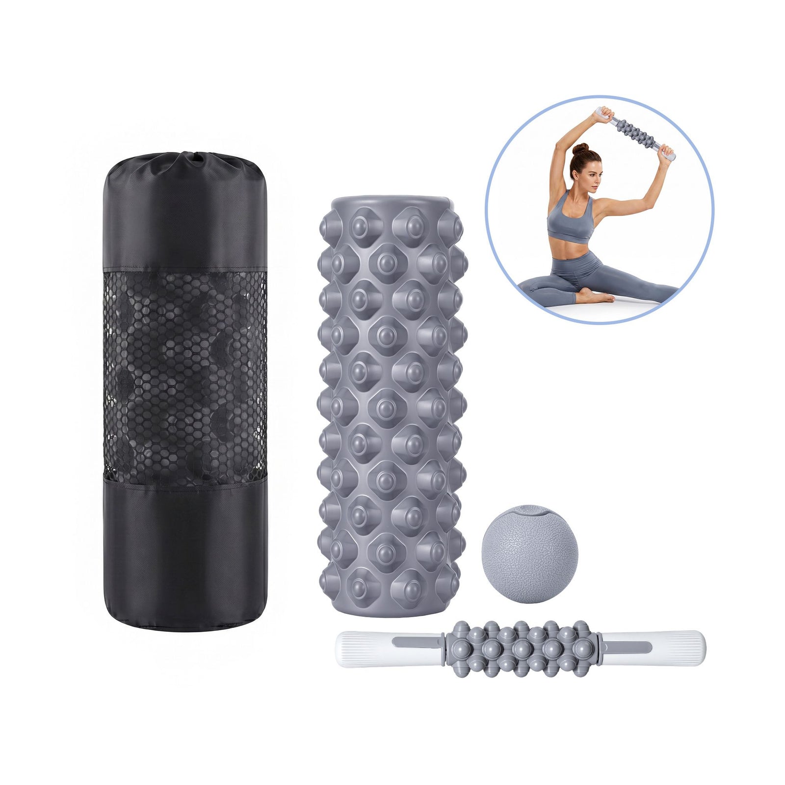 3 in 1 Foam Roller Set Muscle Recovery Massage Kit Portable Grey