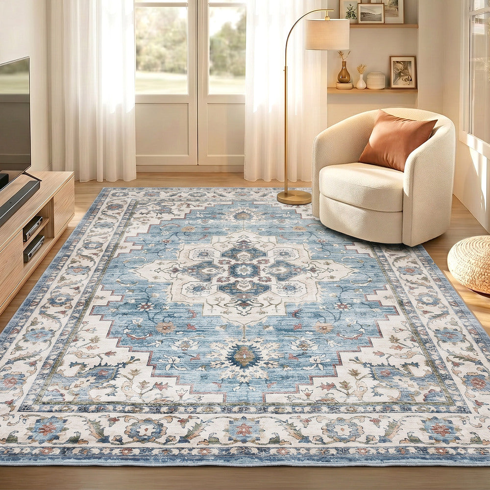 Oikiture Blue Persian Rug Washable Non Slip Carpet 200X290cm