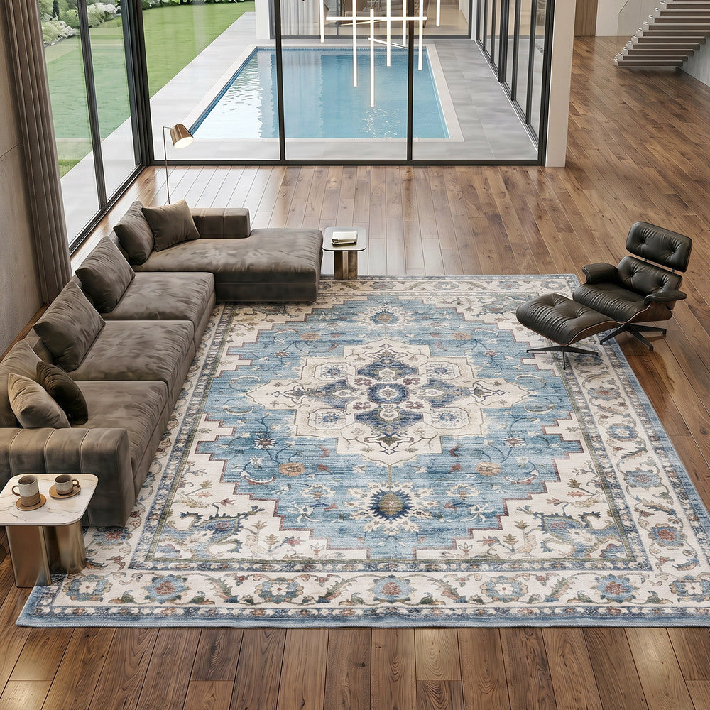 Oikiture Blue Persian Rug Washable Non Slip Carpet 240X340cm