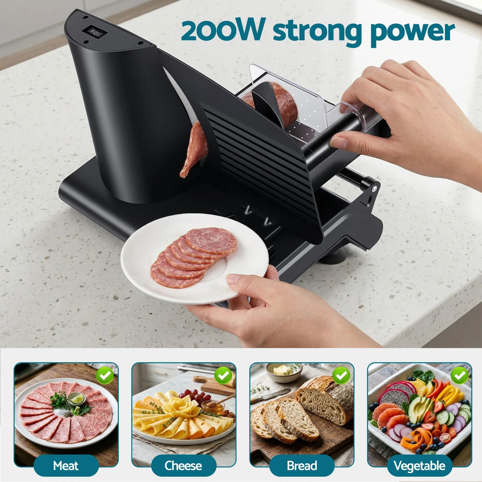 200W Electric Food Slicer with Adjustable Thickness & Stainless Steel Blade