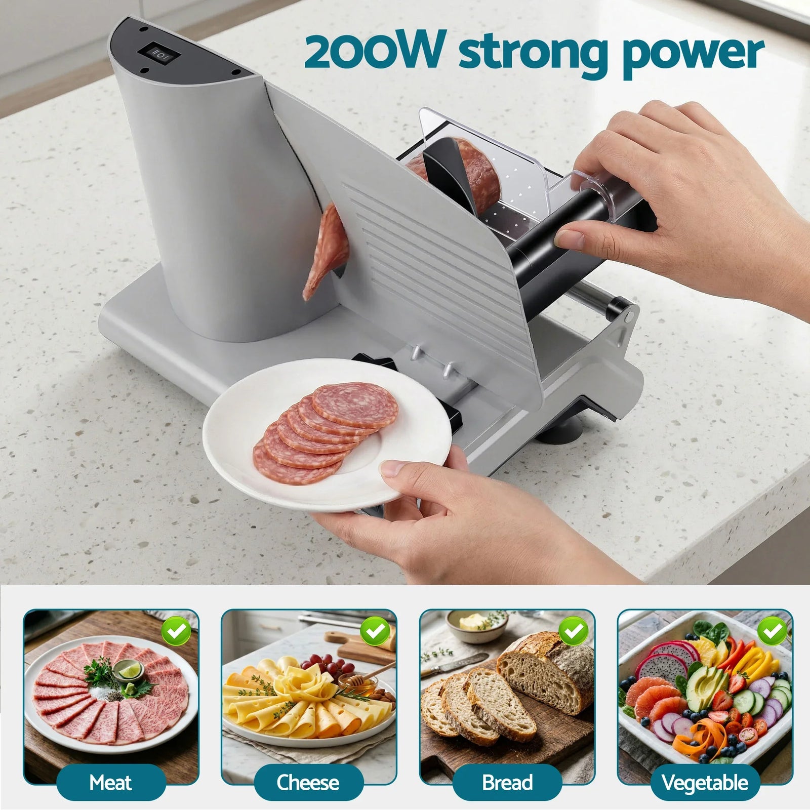 200W Electric Food Slicer with Adjustable Thickness & Stainless Steel Blade