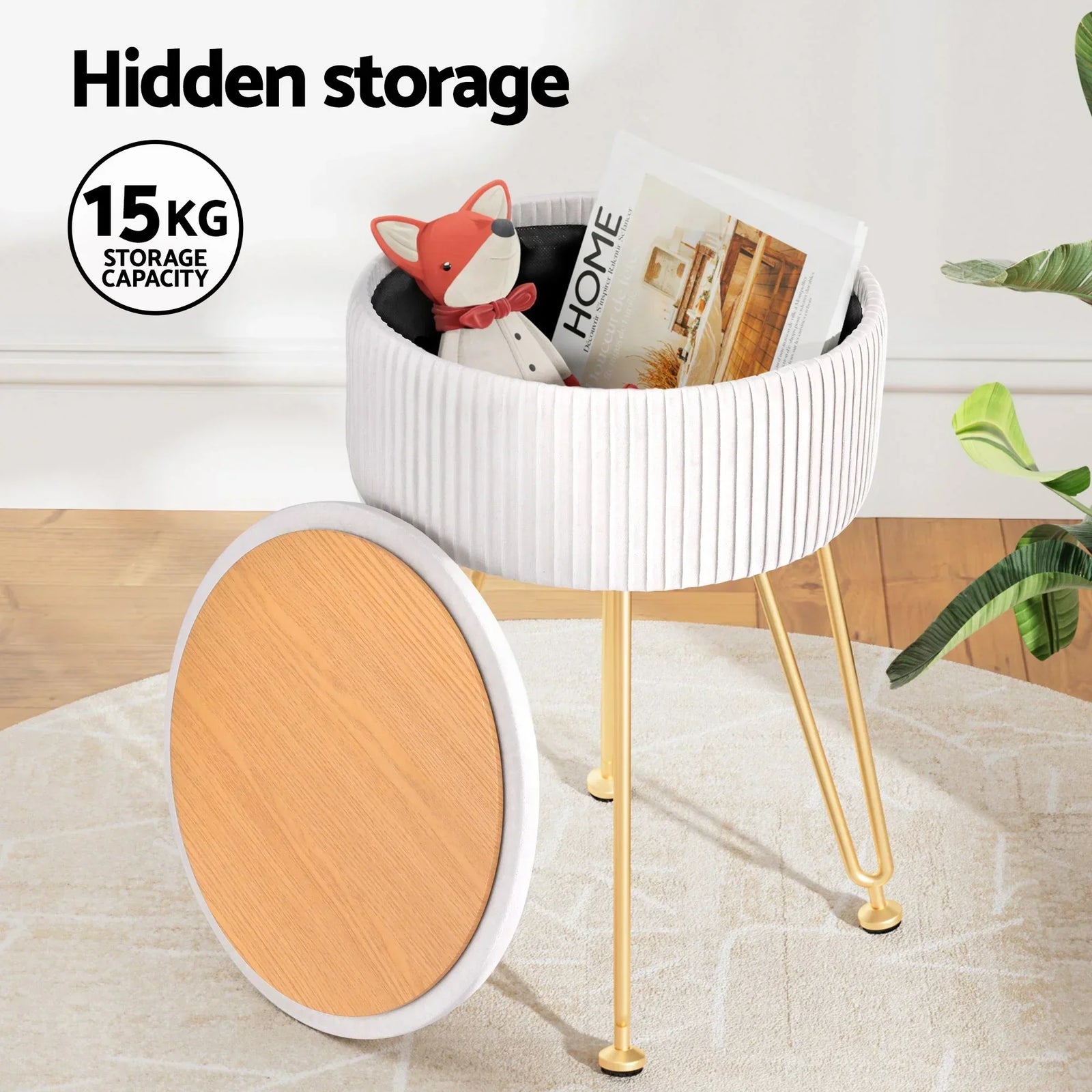 Ottoman Storage Foot Stool Vanity Velvet Round White