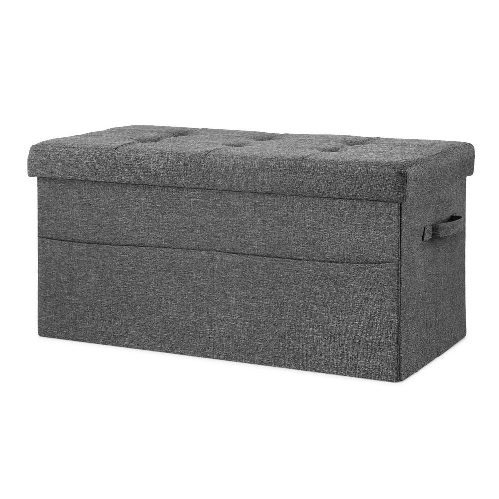 Storage Ottoman Foot Stool – Foldable Large Faux Linen Seat w/ Storage, Grey