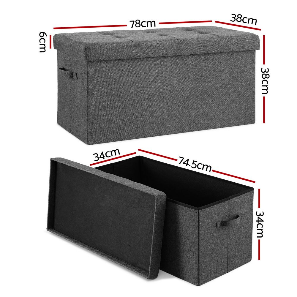 Storage Ottoman Foot Stool – Foldable Large Faux Linen Seat w/ Storage, Grey