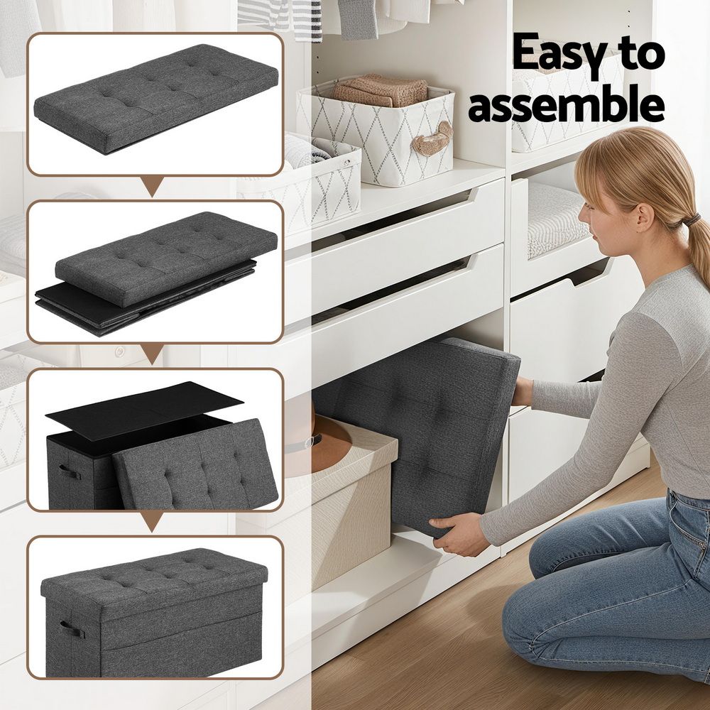 Storage Ottoman Foot Stool – Foldable Large Faux Linen Seat w/ Storage, Grey