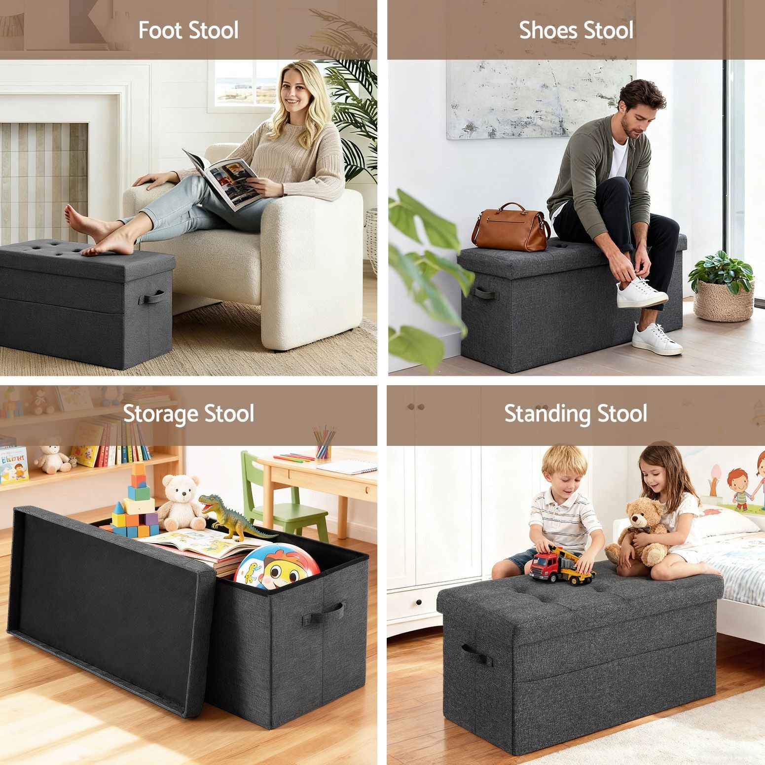 Storage Ottoman Foot Stool – Foldable Large Faux Linen Seat w/ Storage, Grey