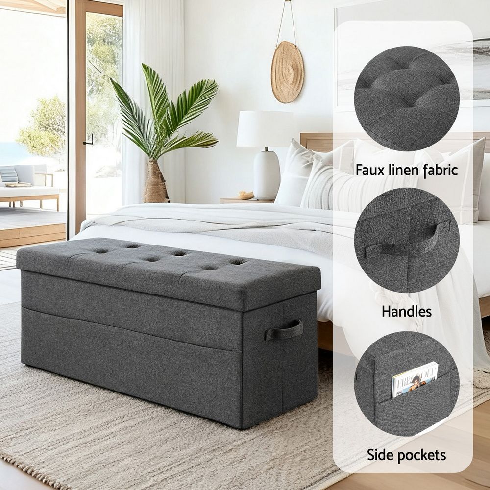 Storage Ottoman Foot Stool – Foldable Large Faux Linen Seat w/ Storage, Grey