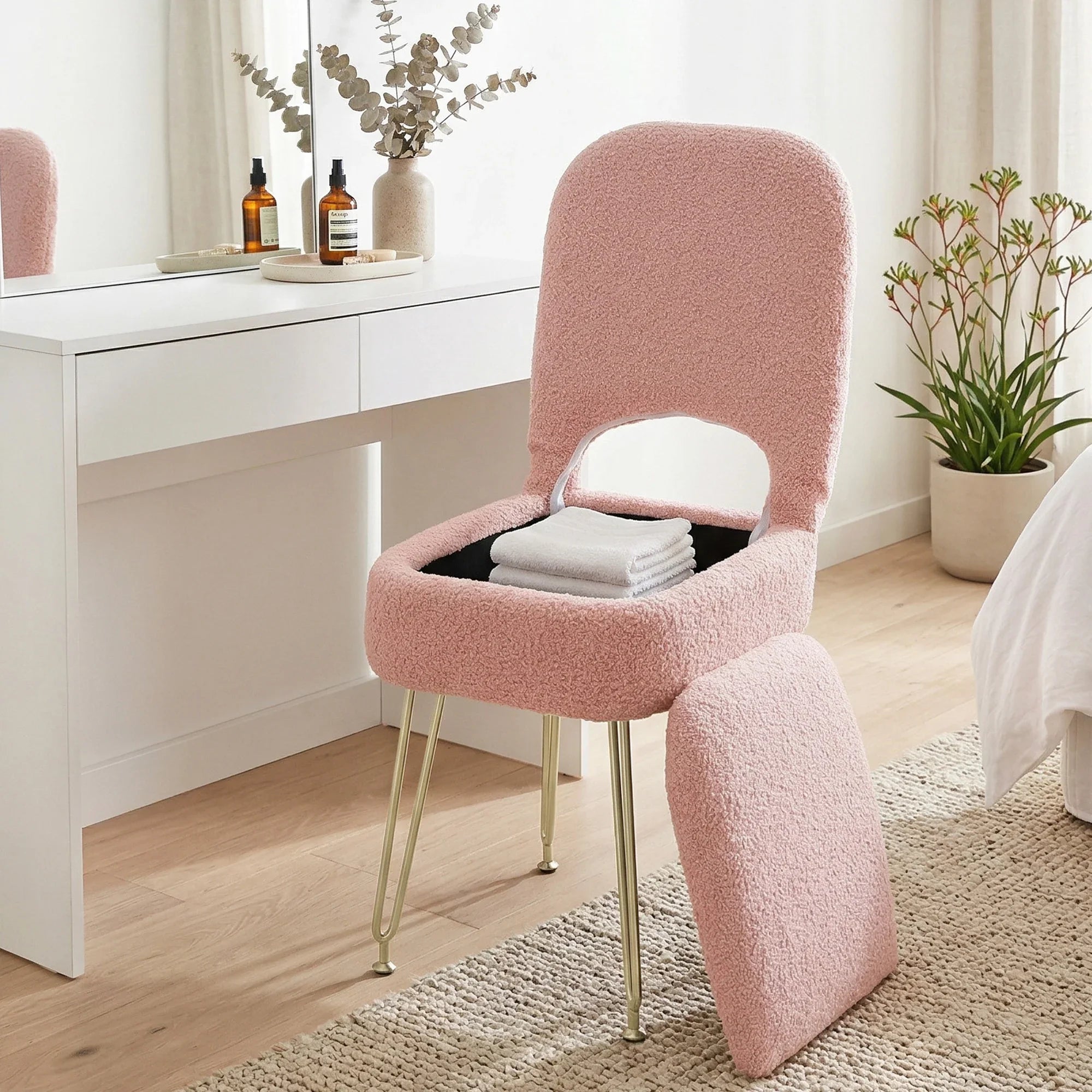 Storage Ottoman Vanity Stool Foot Stool Folding Back Pink