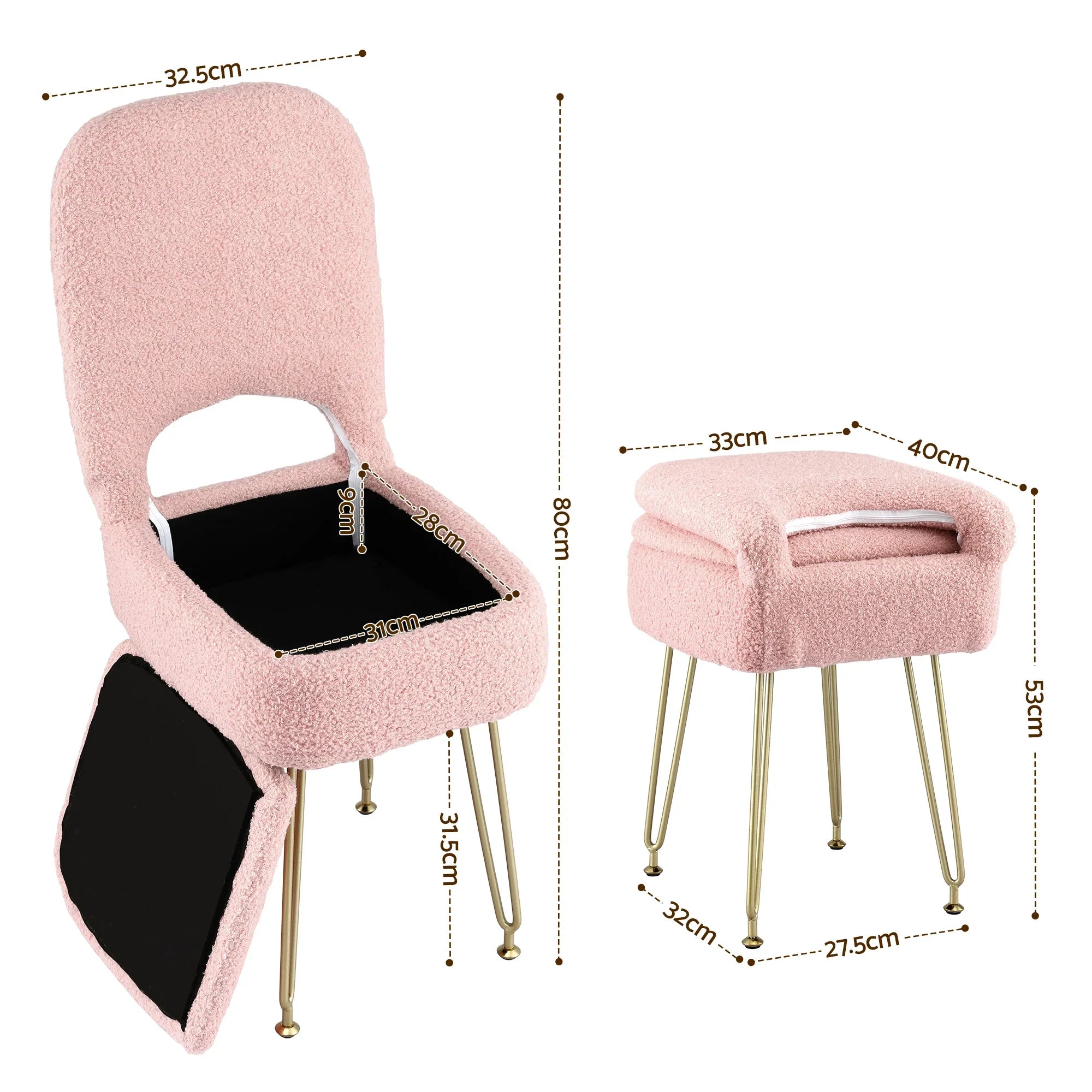 Storage Ottoman Vanity Stool Foot Stool Folding Back Pink