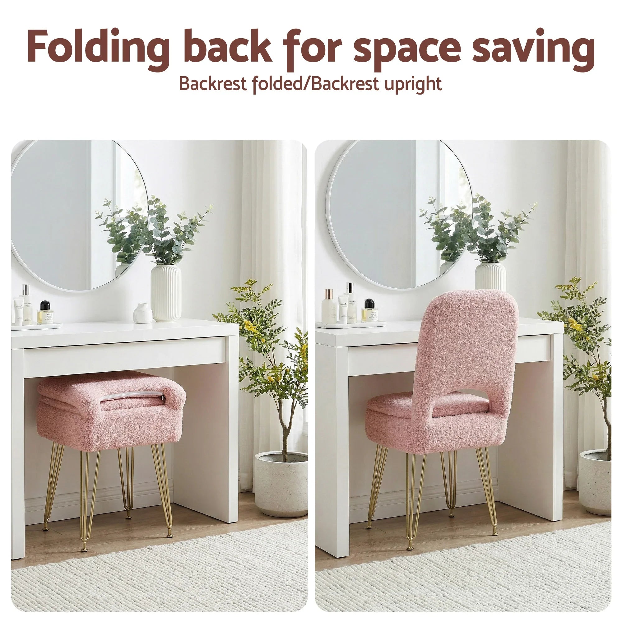 Storage Ottoman Vanity Stool Foot Stool Folding Back Pink