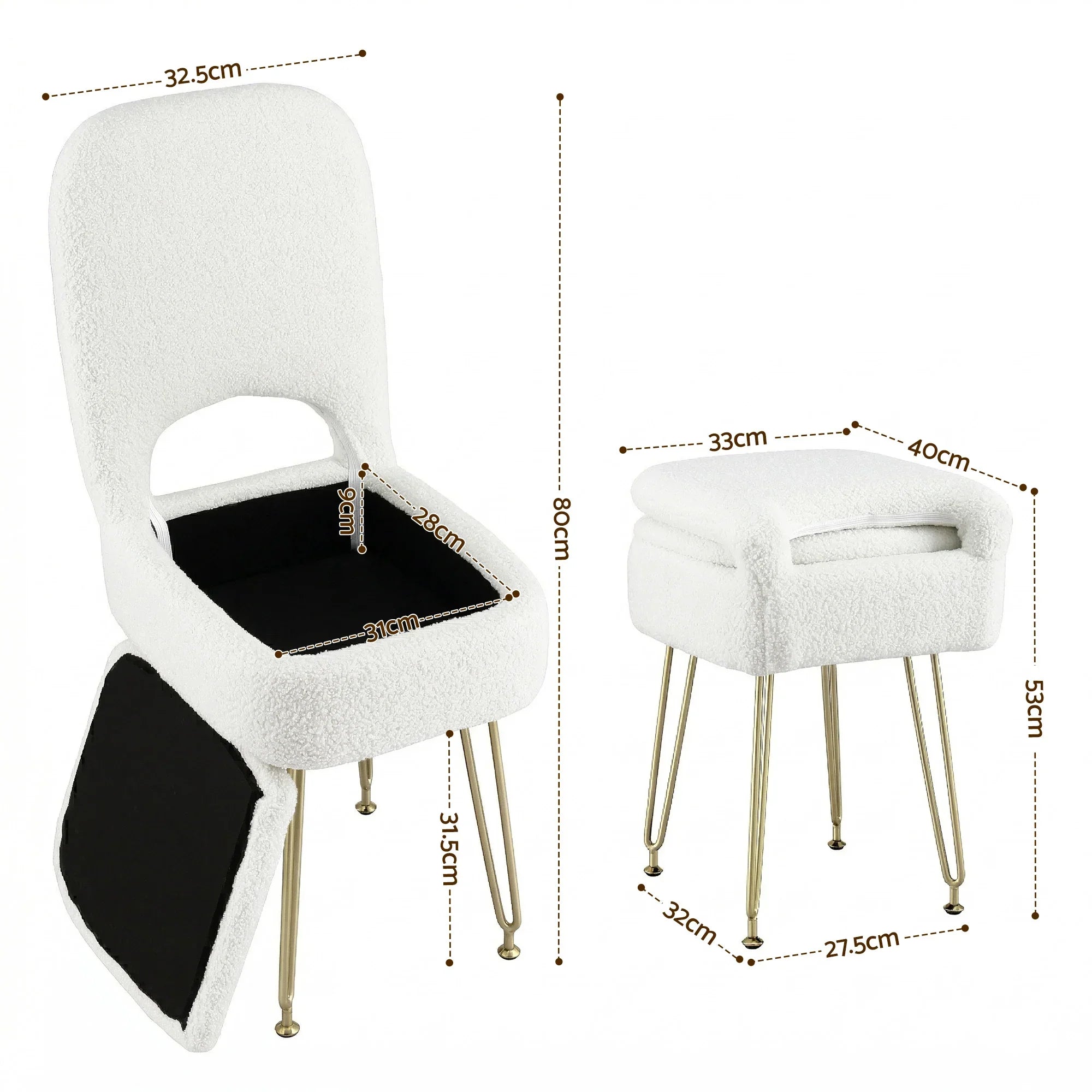 Storage Ottoman Vanity Stool Foot Stool Folding Back White