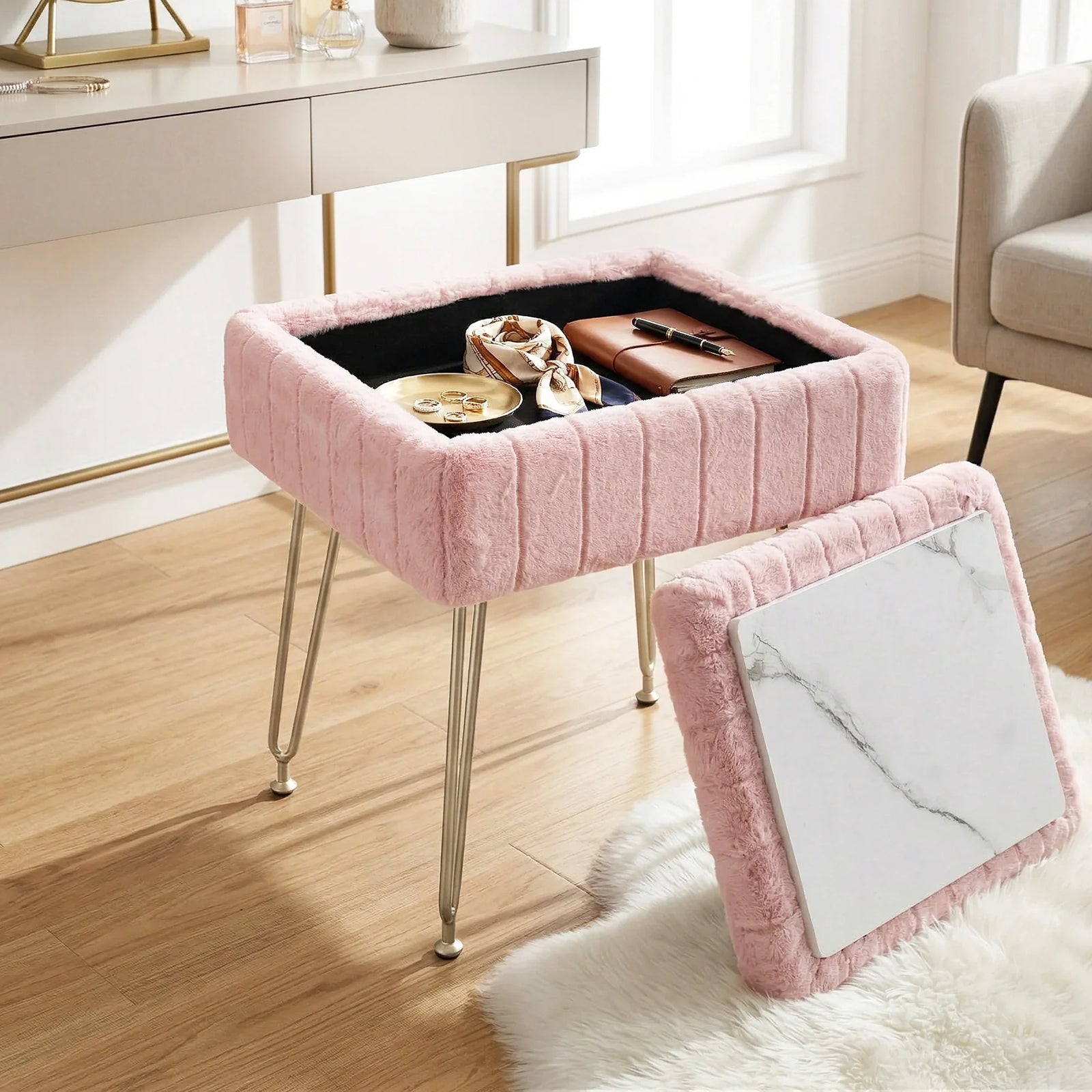 Pink Faux Fur Footstool with Storage, Reversible Table Lid & Metal Legs