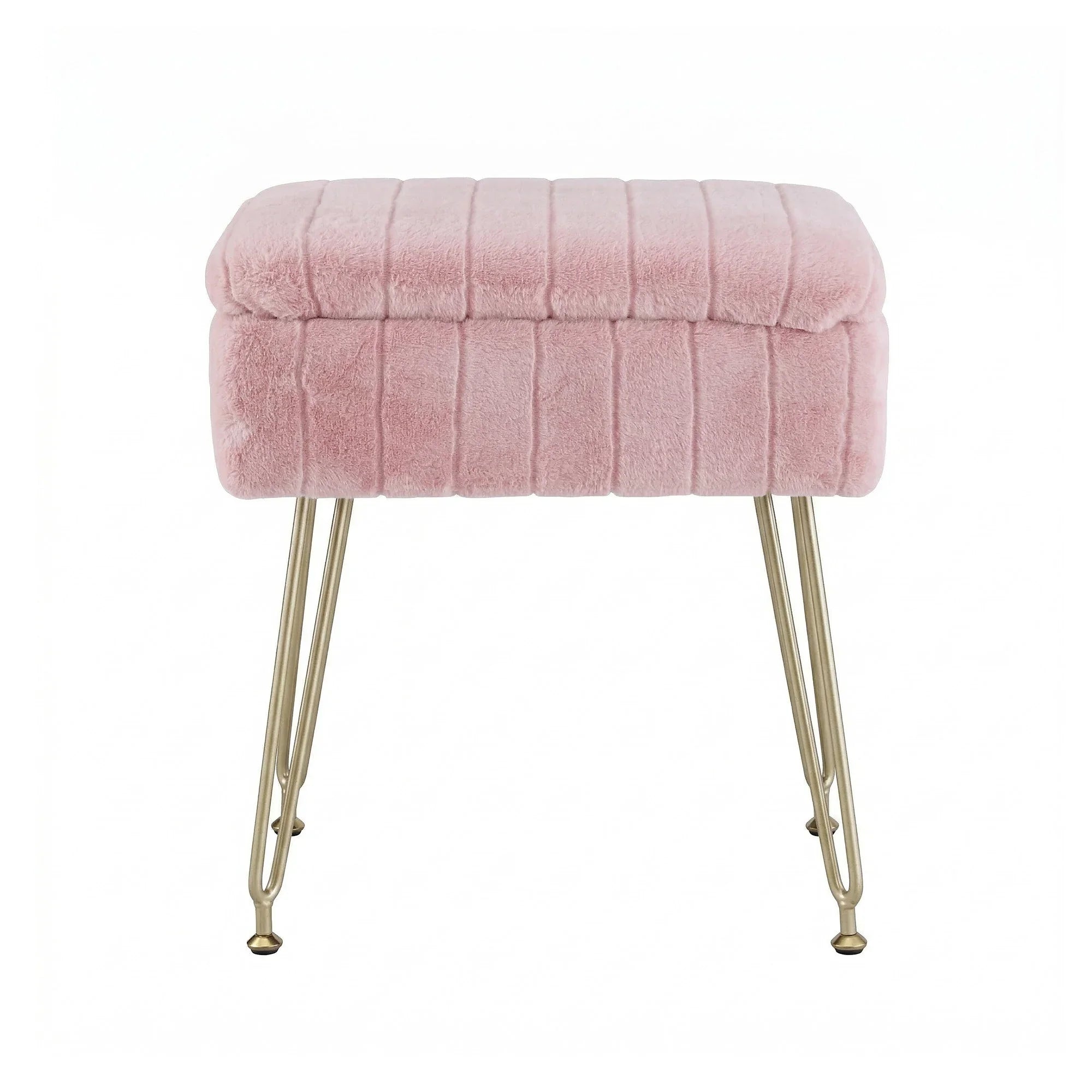 Pink Faux Fur Footstool with Storage, Reversible Table Lid & Metal Legs
