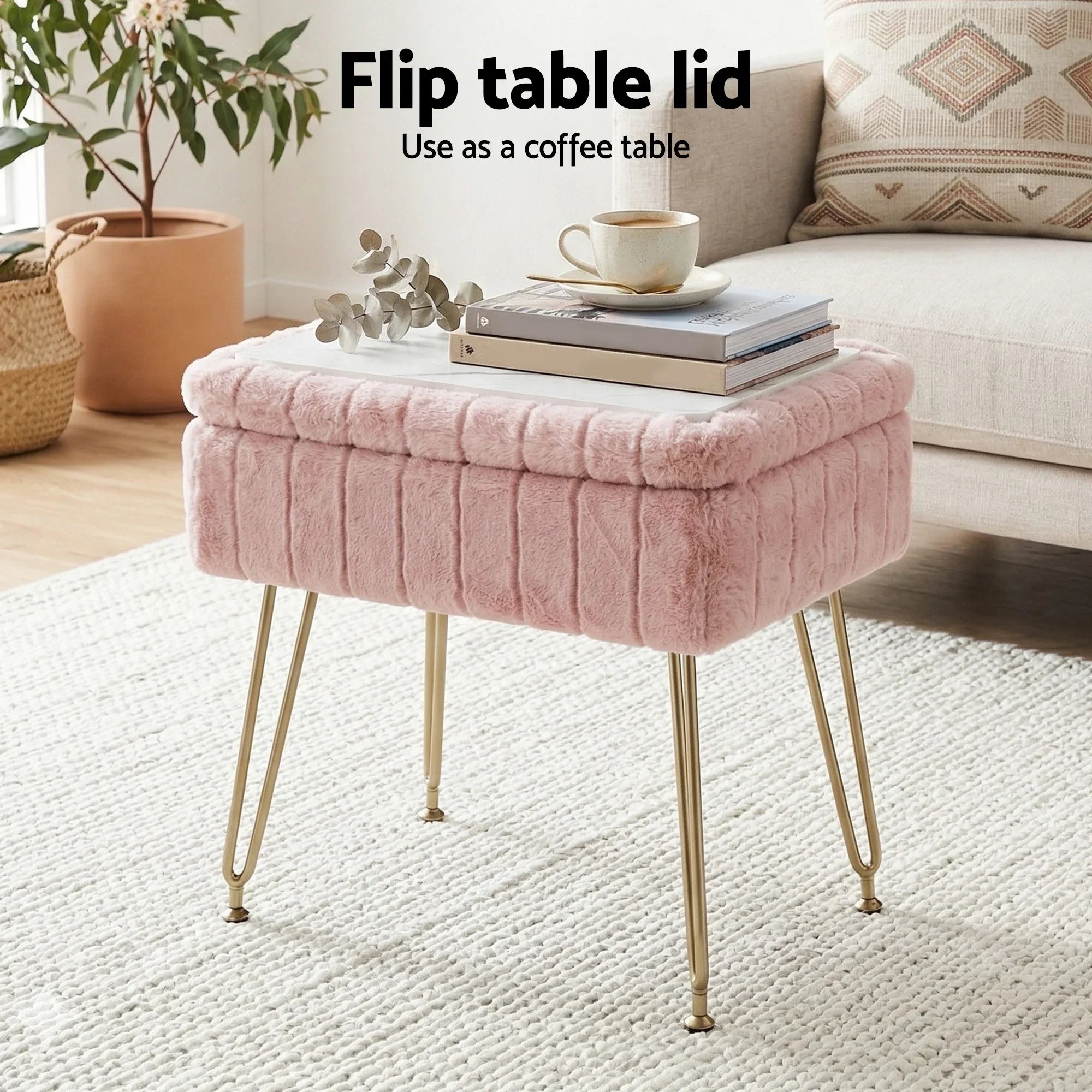 Pink Faux Fur Footstool with Storage, Reversible Table Lid & Metal Legs