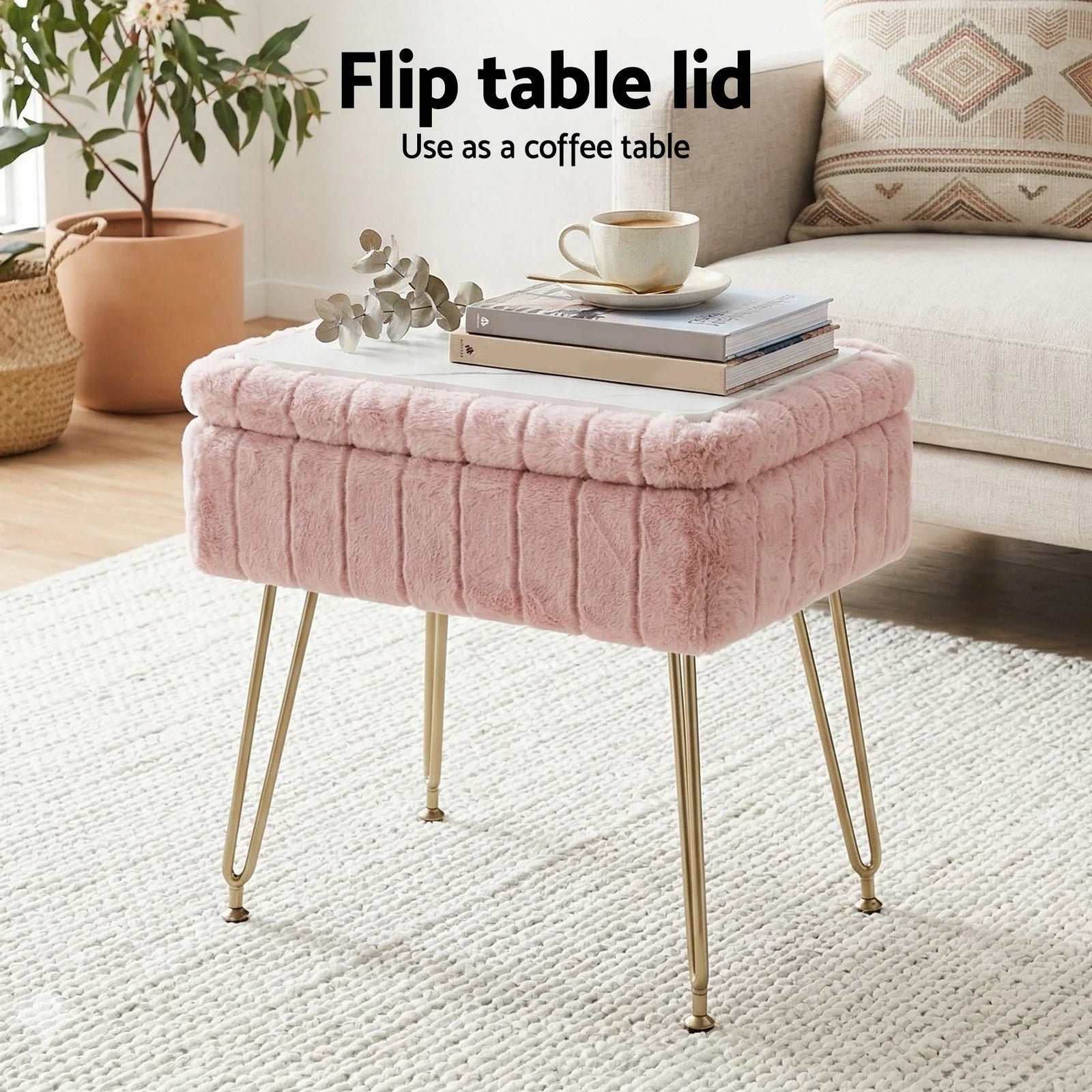 Pink Faux Fur Footstool with Storage, Reversible Table Lid & Metal Legs