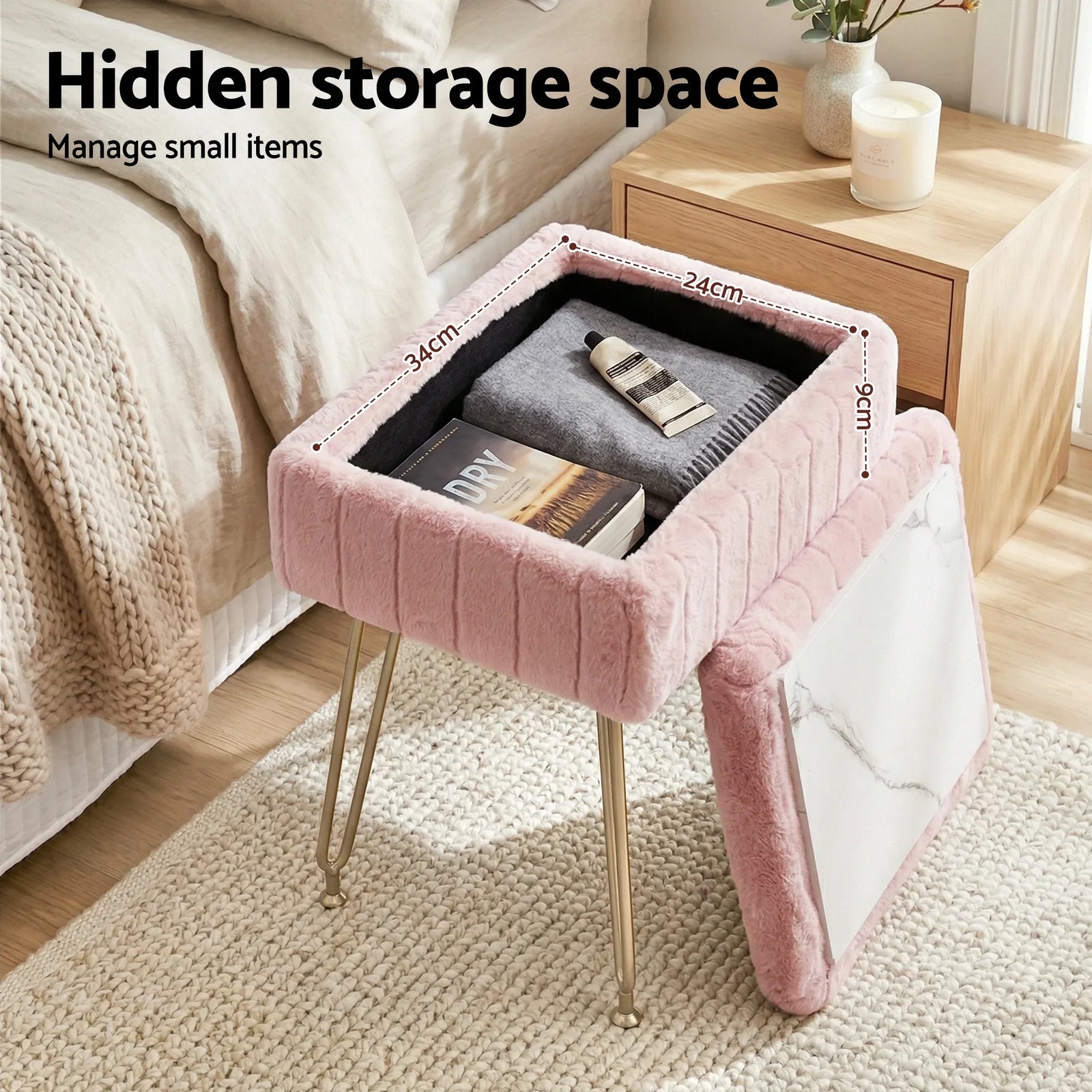 Pink Faux Fur Footstool with Storage, Reversible Table Lid & Metal Legs