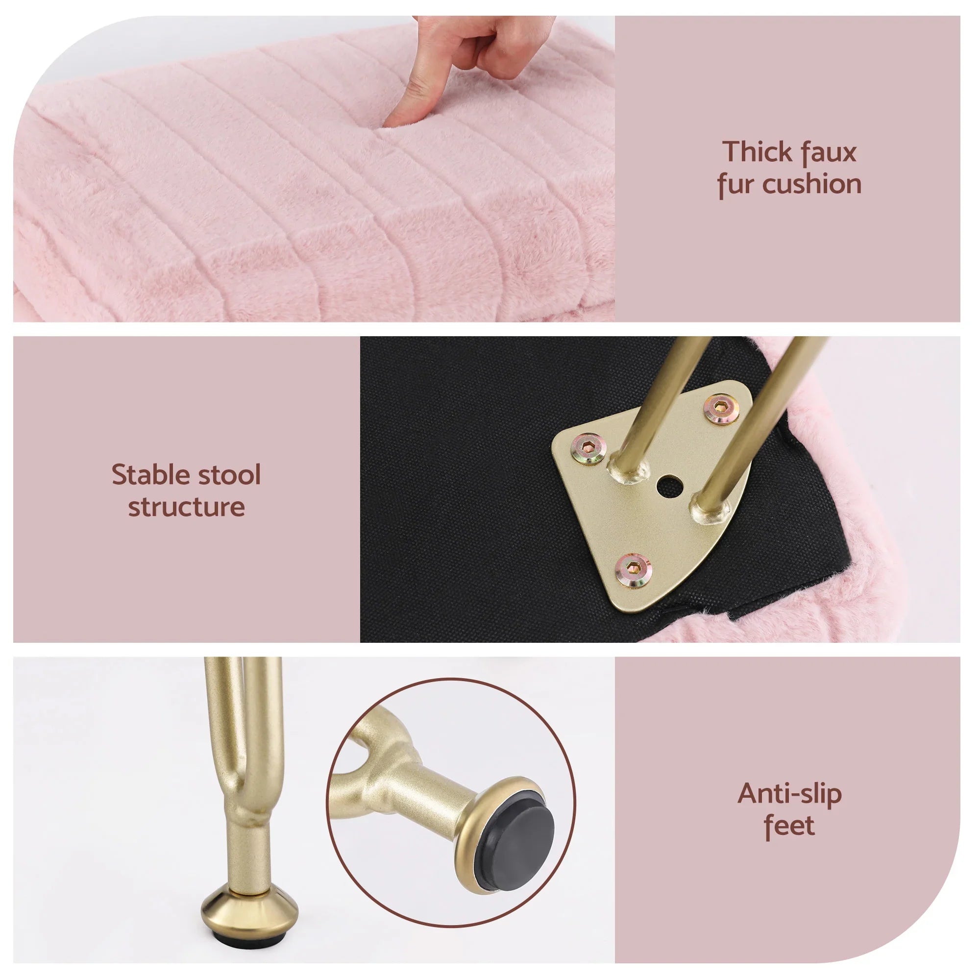 Pink Faux Fur Footstool with Storage, Reversible Table Lid & Metal Legs