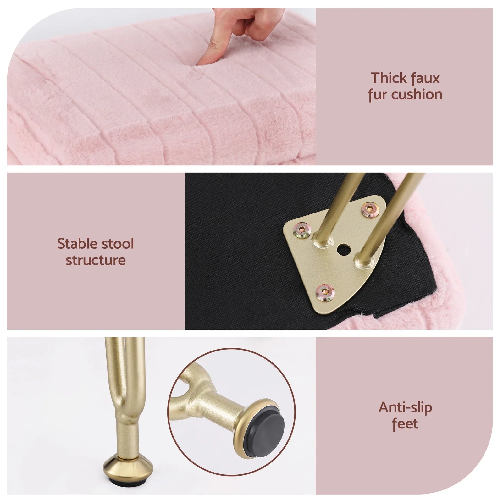 Pink Faux Fur Footstool with Storage, Reversible Table Lid & Metal Legs