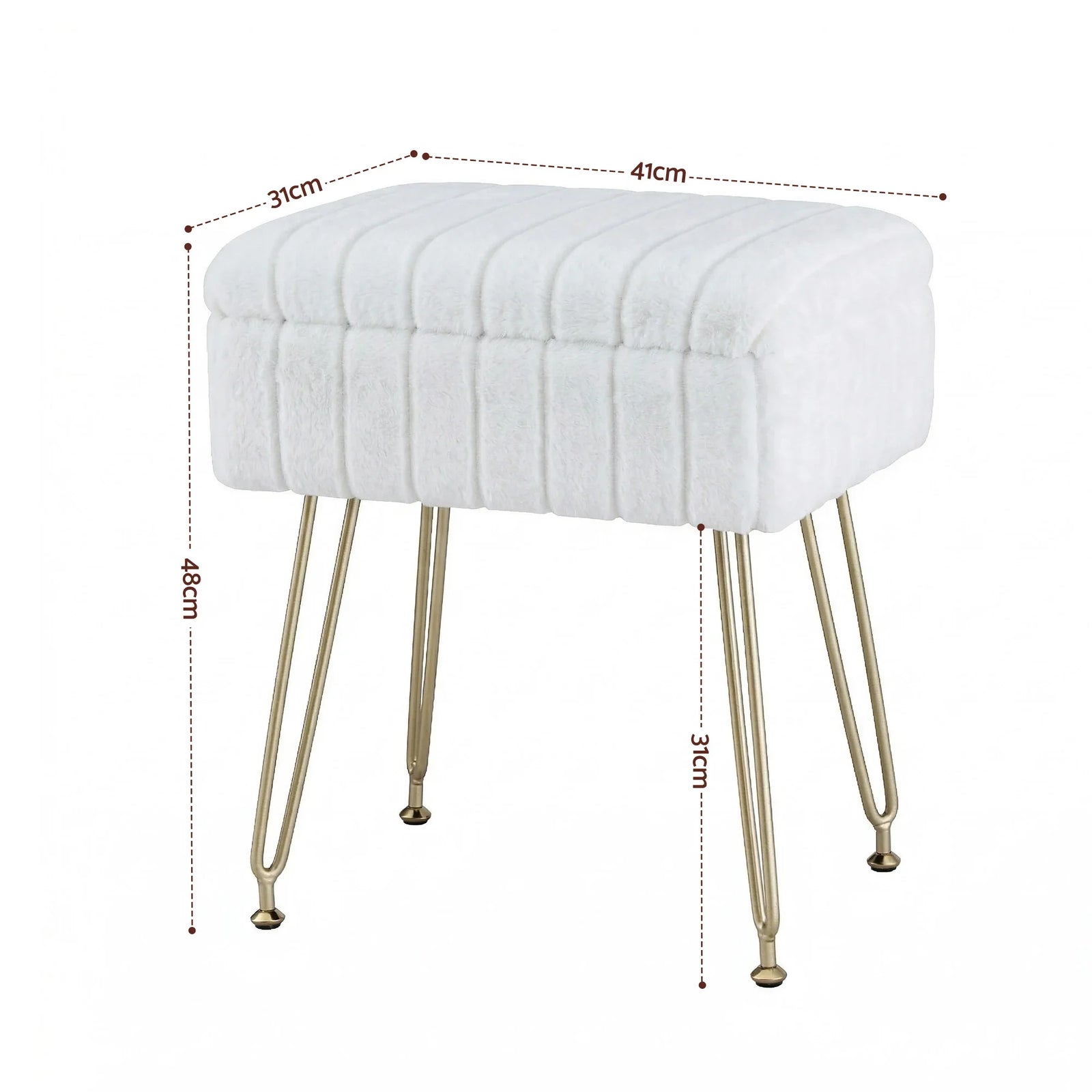 White Faux Fur Footstool with Storage, Reversible Table Lid & Metal Legs