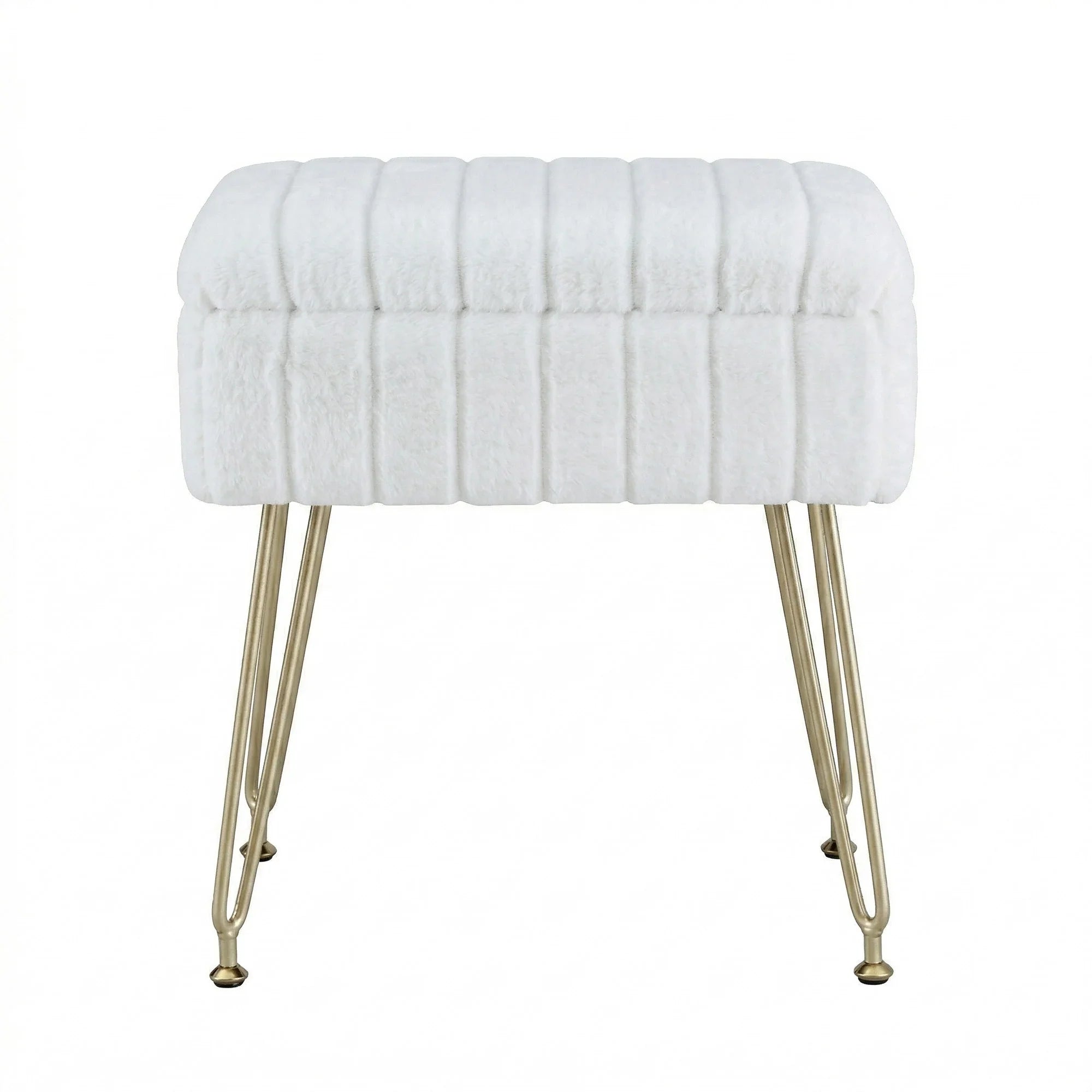 White Faux Fur Footstool with Storage, Reversible Table Lid & Metal Legs