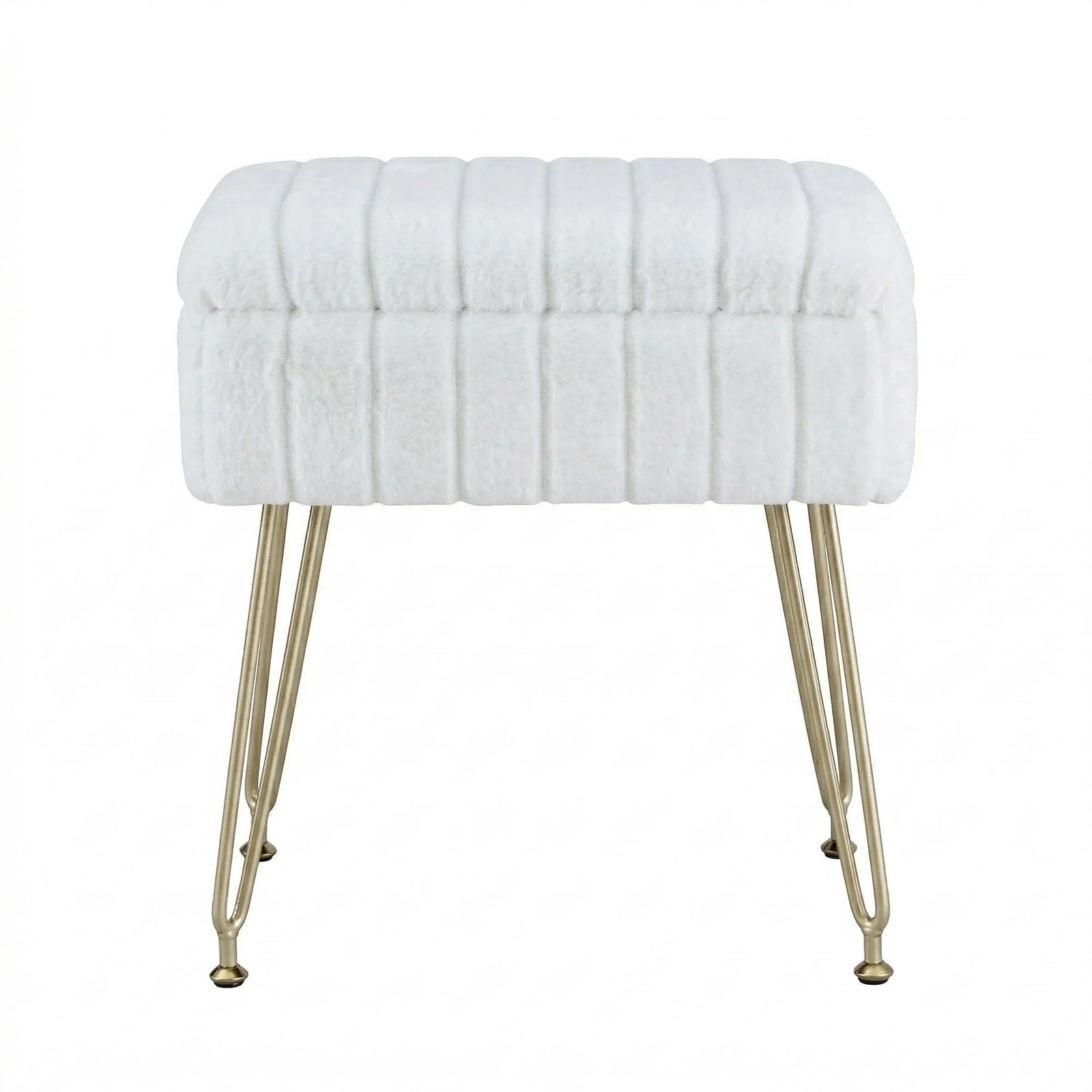 White Faux Fur Footstool with Storage, Reversible Table Lid & Metal Legs