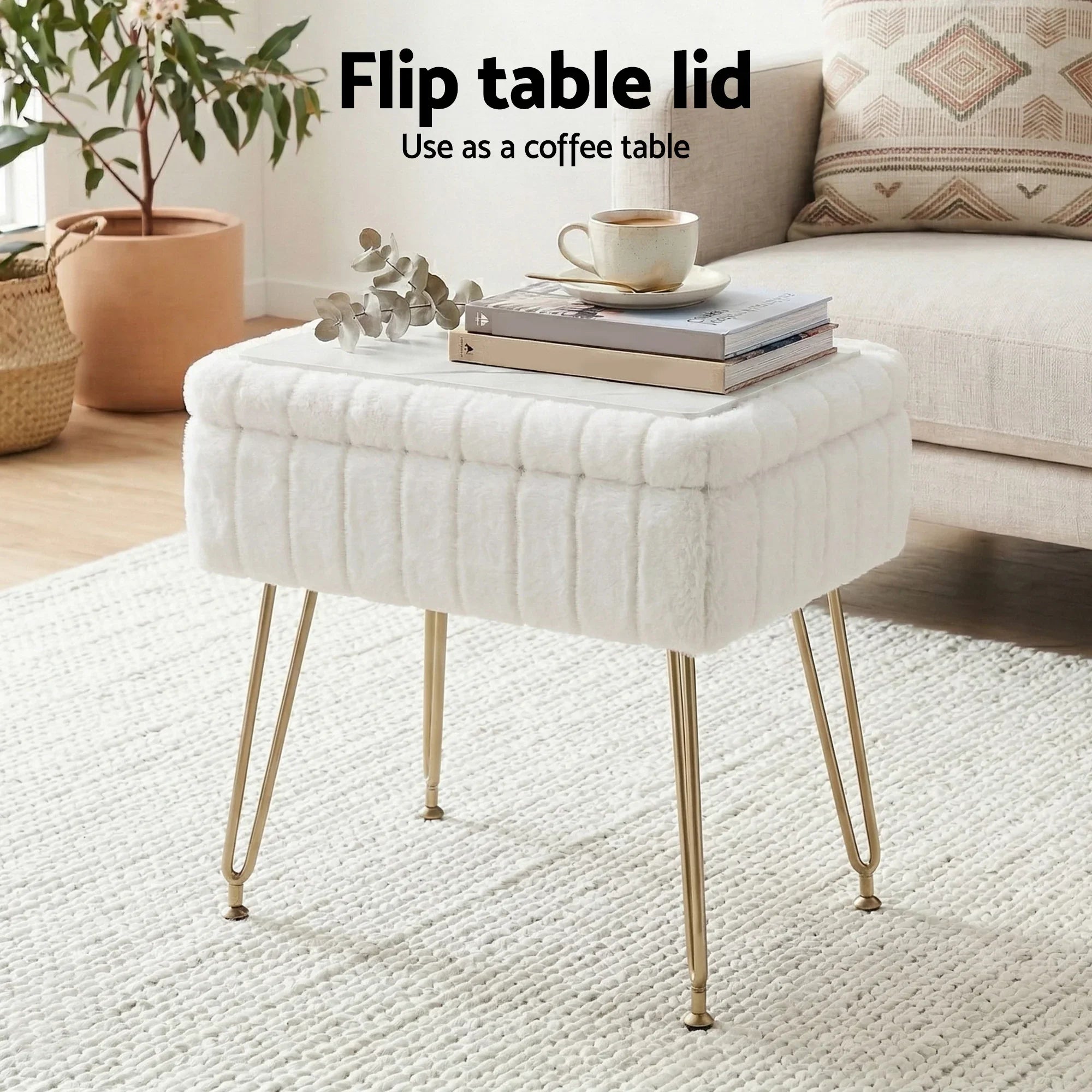 White Faux Fur Footstool with Storage, Reversible Table Lid & Metal Legs