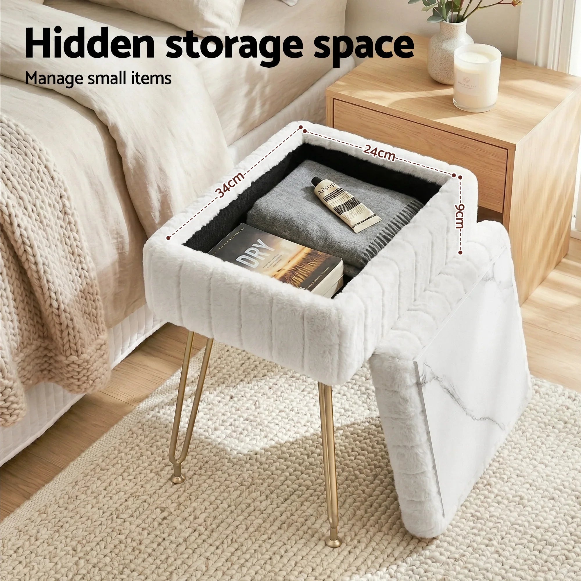 White Faux Fur Footstool with Storage, Reversible Table Lid & Metal Legs