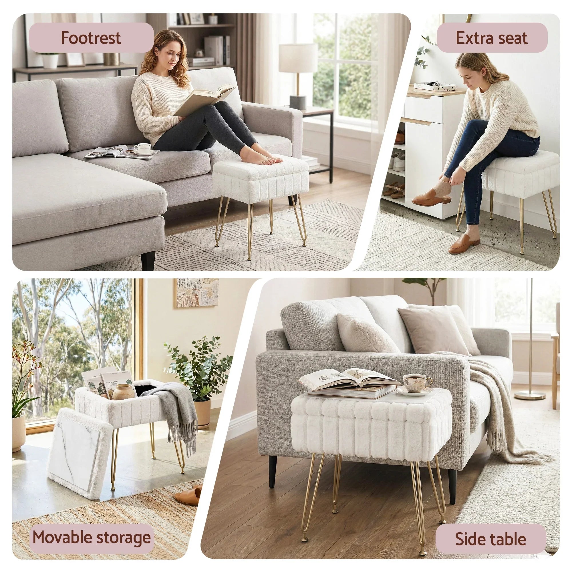 White Faux Fur Footstool with Storage, Reversible Table Lid & Metal Legs