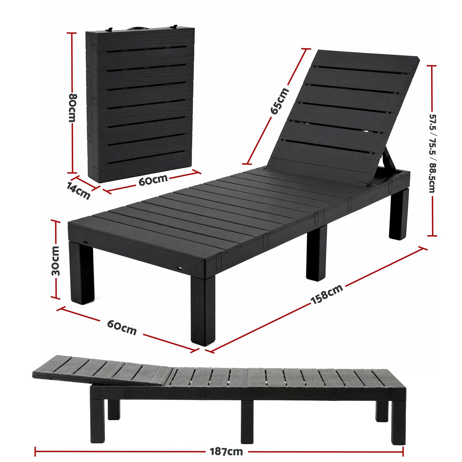 Gardeon Sun Lounge Outdoor Folding Recliner Patio Pool Beach Chair Slatted Black