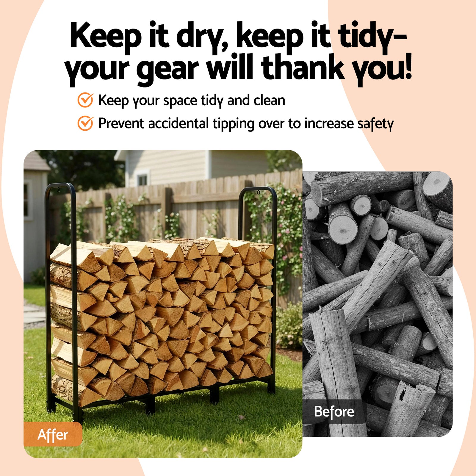 Firewood Rack 120cm Wood Rack 3 Sizes Firewood Storage with Tools Black