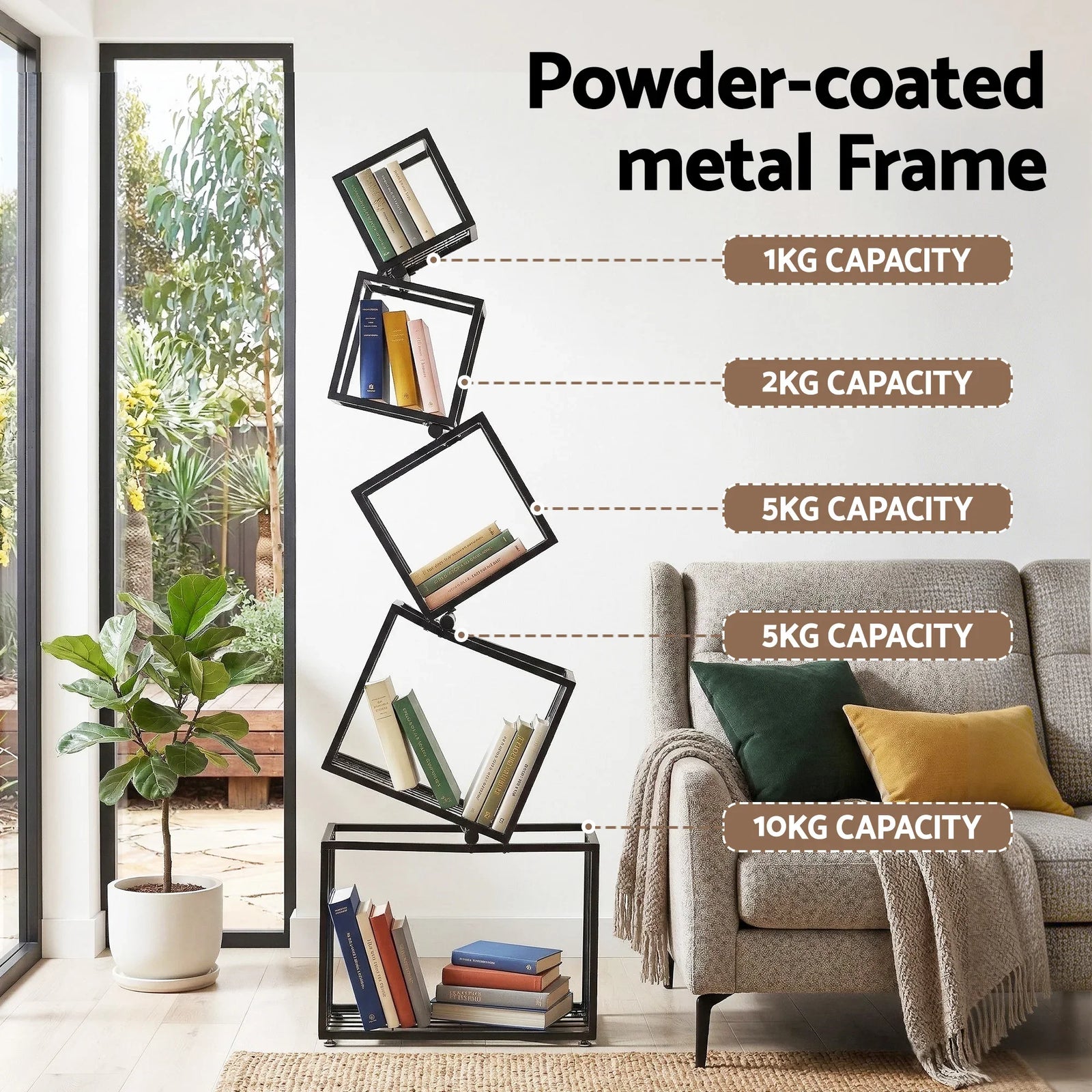 5-Tier Bookshelf Metal Geometric Display Shelf Storage Organizer Black