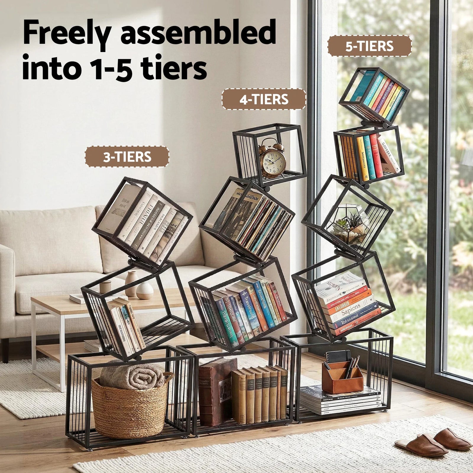 5-Tier Bookshelf Metal Geometric Display Shelf Storage Organizer Black