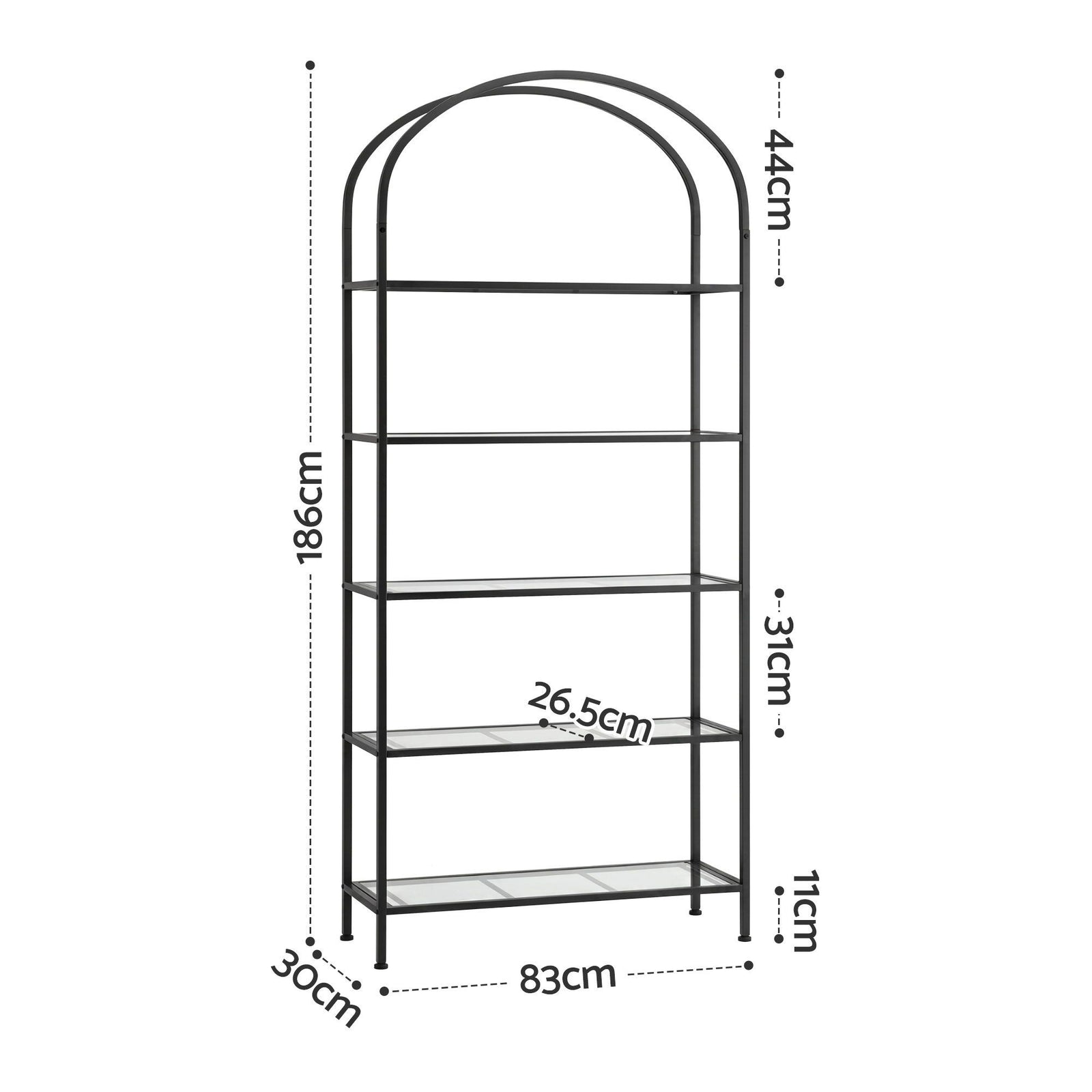 Bookshelf 5‑Tier – Industrial Metal Etagere with Tempered Glass Black