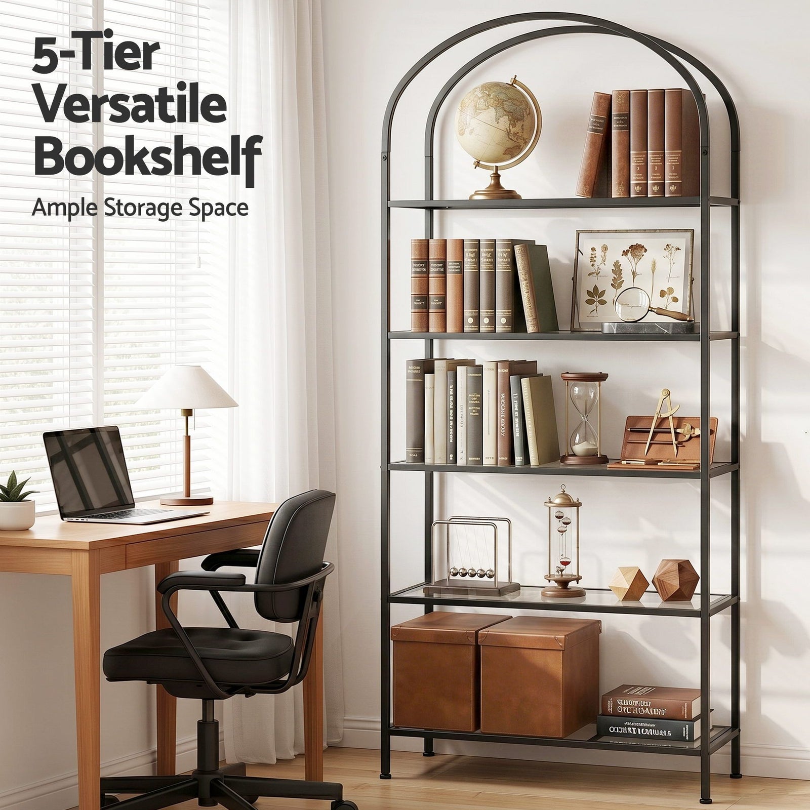 Bookshelf 5‑Tier – Industrial Metal Etagere with Tempered Glass Black
