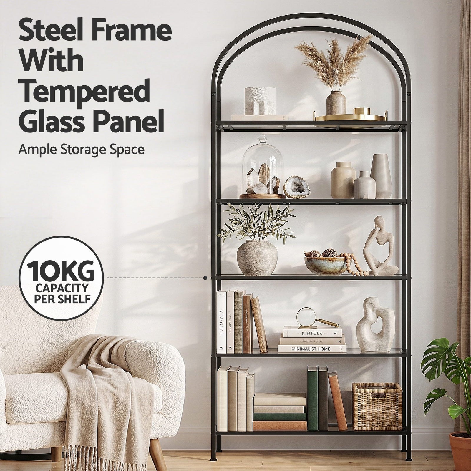 Bookshelf 5‑Tier – Industrial Metal Etagere with Tempered Glass Black