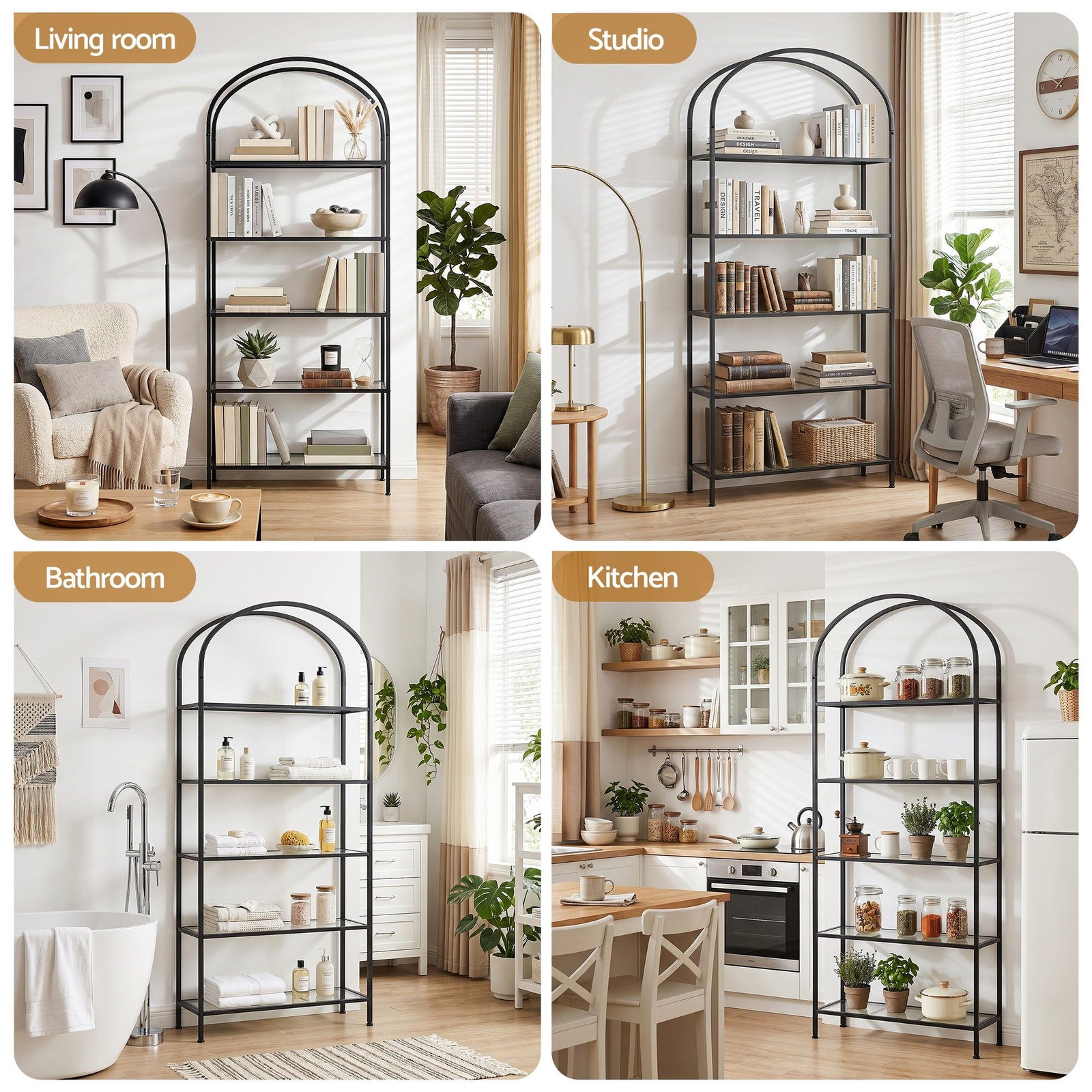 Bookshelf 5‑Tier – Industrial Metal Etagere with Tempered Glass Black
