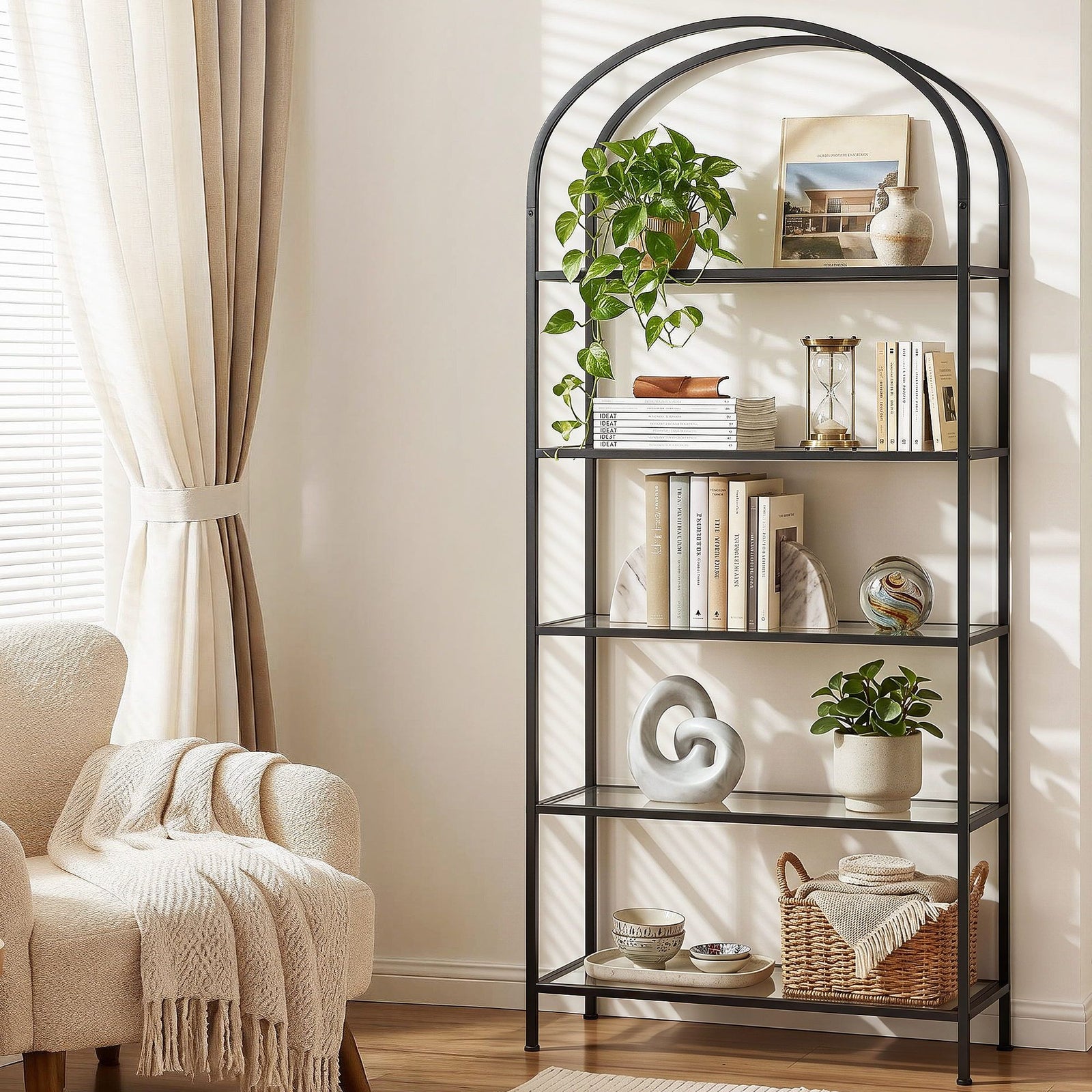 Bookshelf 5‑Tier – Industrial Metal Etagere with Tempered Glass Black