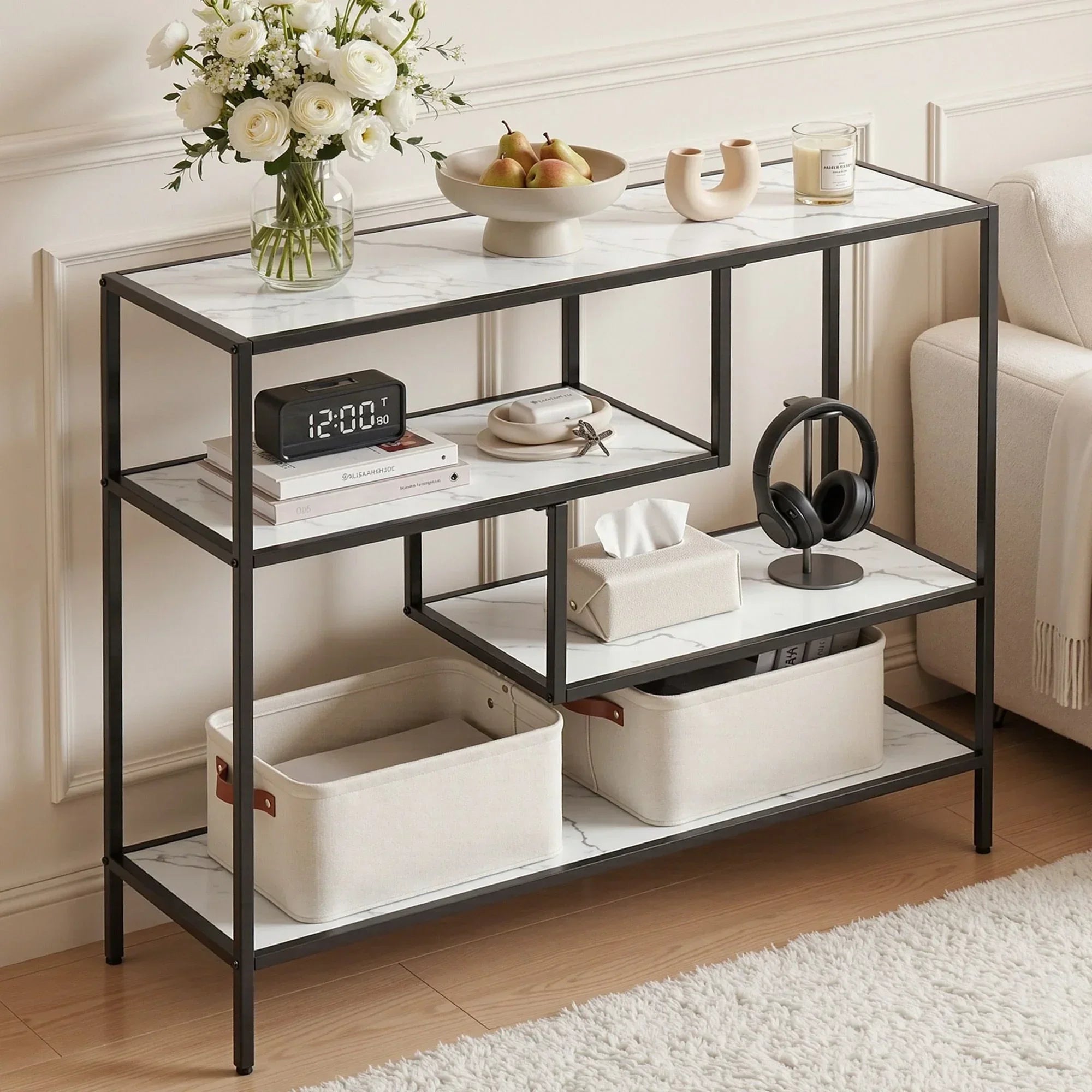 S‑Shape 4‑Tier Console Table – Marble Finish, Metal Frame, Slim Hallway Design