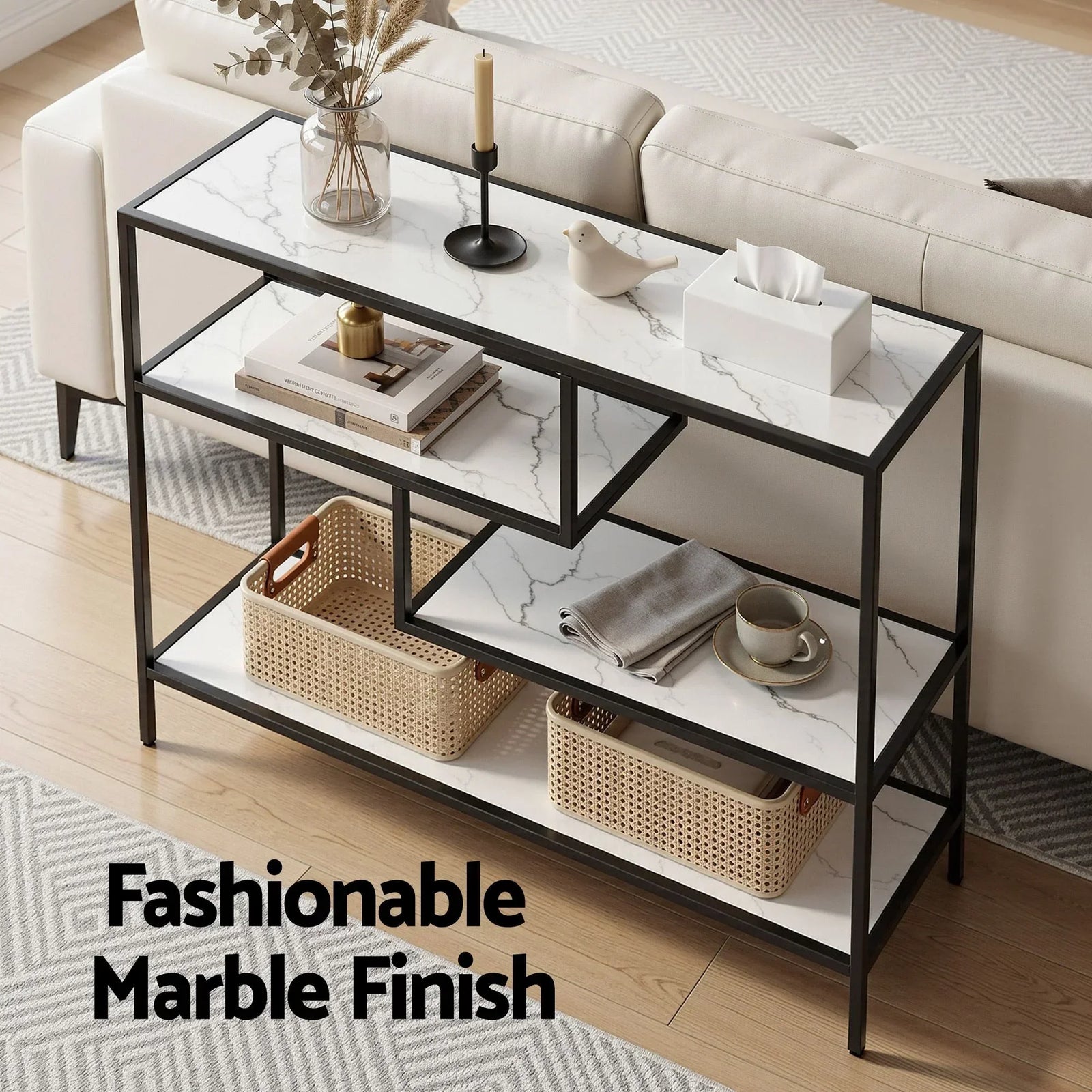 Artiss S‑Shape 4‑Tier Console Table – Marble Finish, Metal Frame, Slim Hallway Design