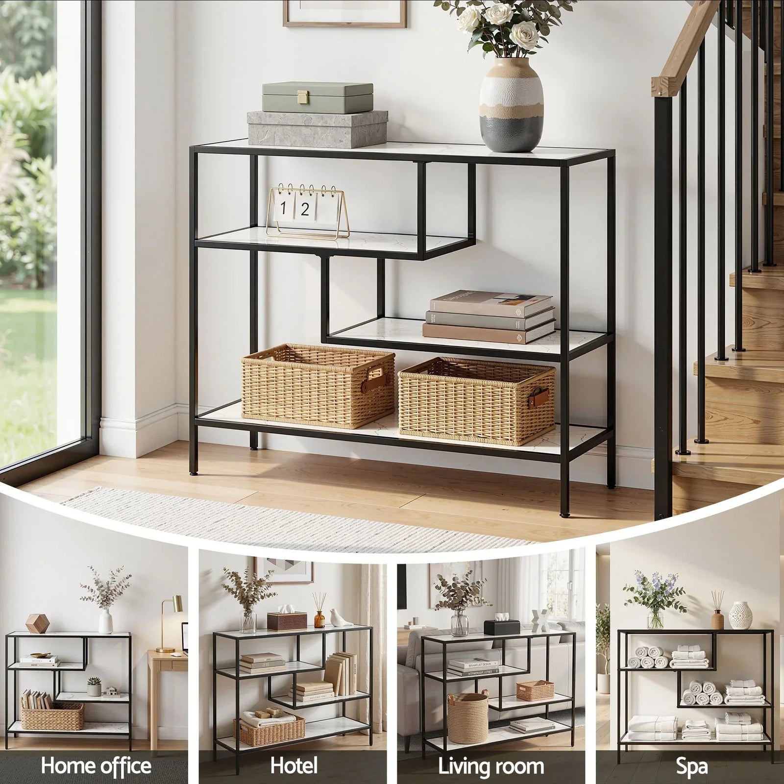 Artiss S‑Shape 4‑Tier Console Table – Marble Finish, Metal Frame, Slim Hallway Design