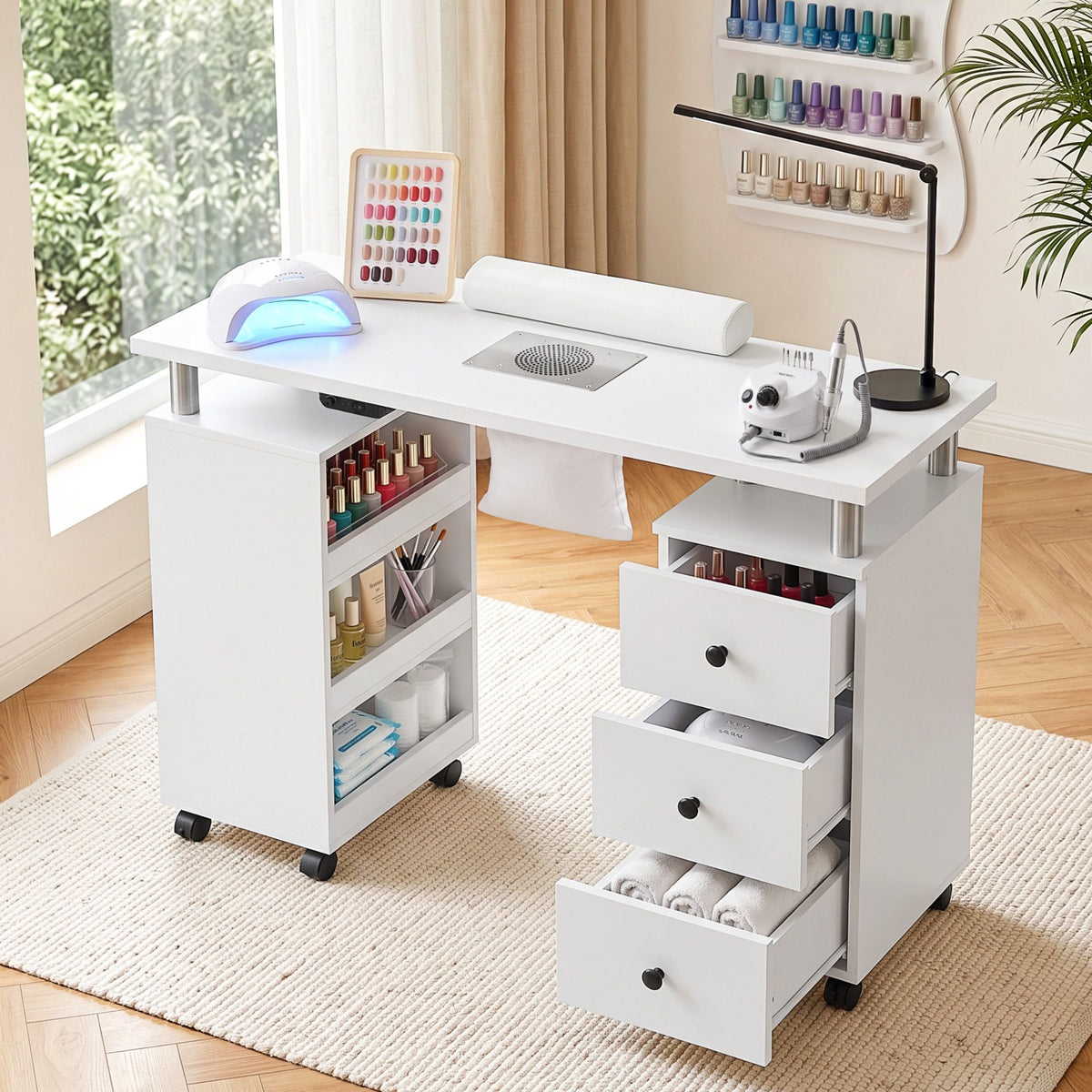 Manicure Table Nail Desk with Built-in Dust Collector Salon Station White