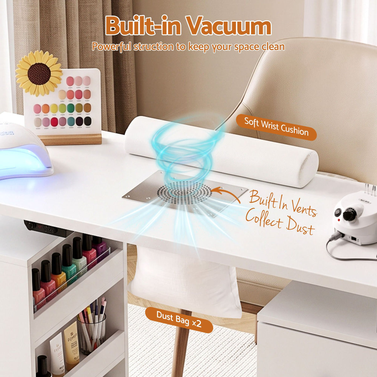 Manicure Table Nail Desk with Built-in Dust Collector Salon Station White