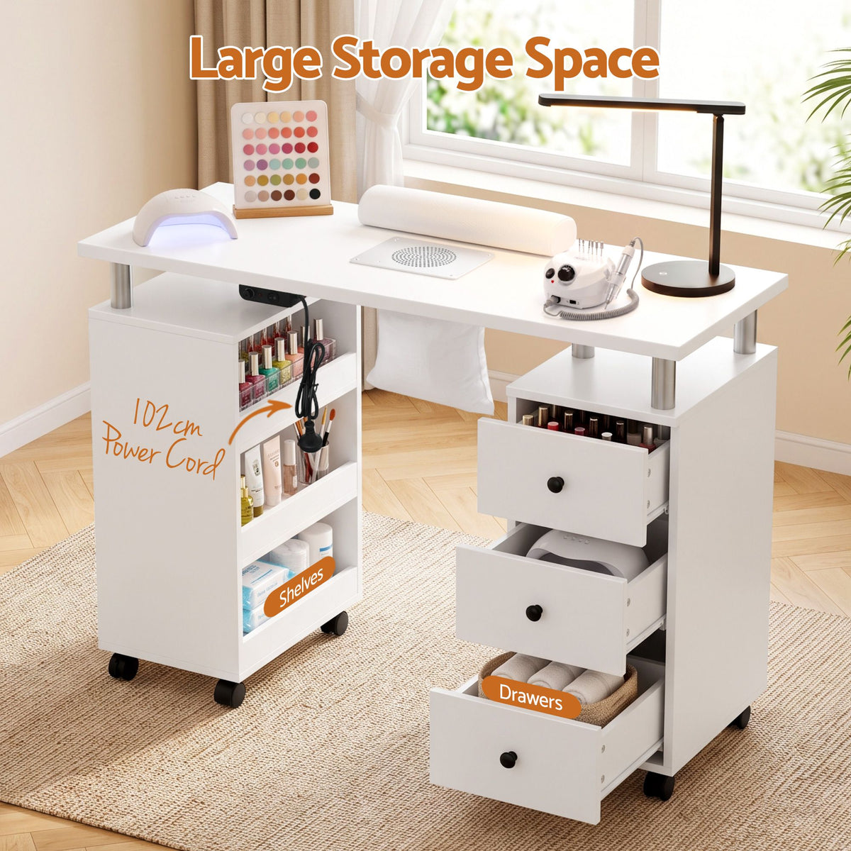 Manicure Table Nail Desk with Built-in Dust Collector Salon Station White
