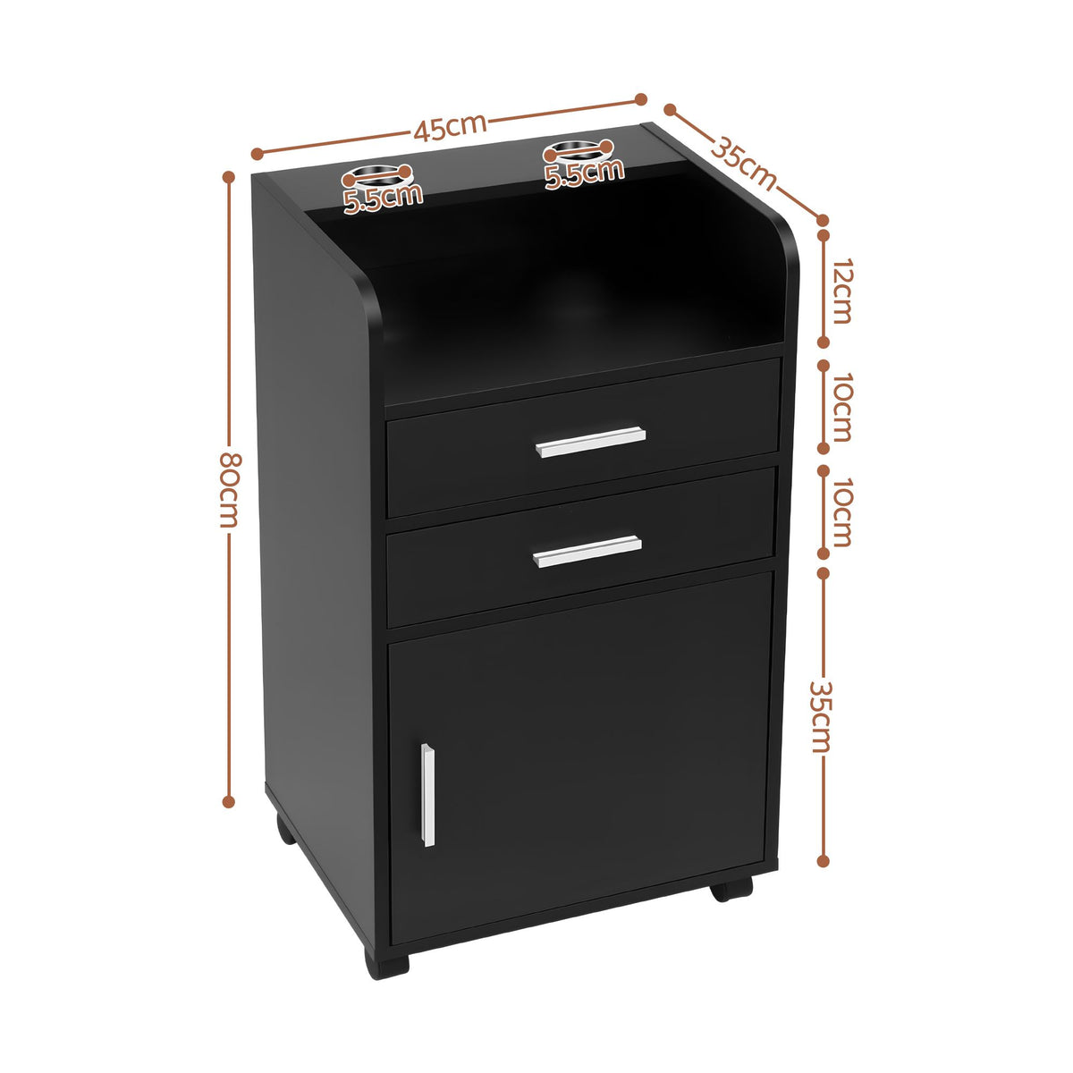 Professional Salon Station Rolling Cart, Hair Styling Beauty Cabinet with 2 Drawers & 2 Appliance Holders, Wood Barber Spa Trolley with 360° Wheels for Skincare & Vanity, Black