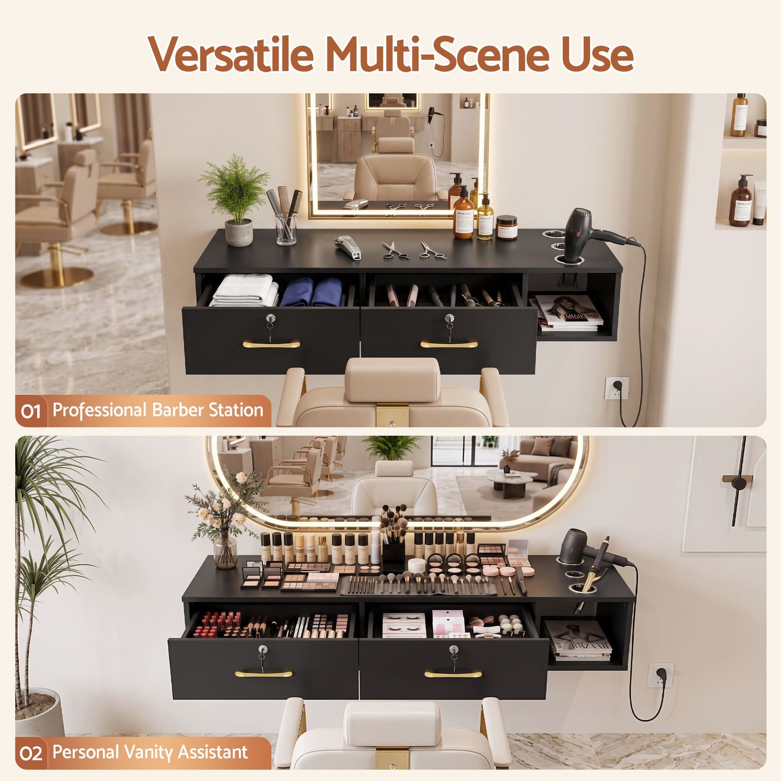 Artiss Wall Mounted Salon Station Cabinet, Hair Styling Station with 2 Lockable Drawers & 3 Appliance Holders, Wooden Barber Spa Equipment for Vanity, Black