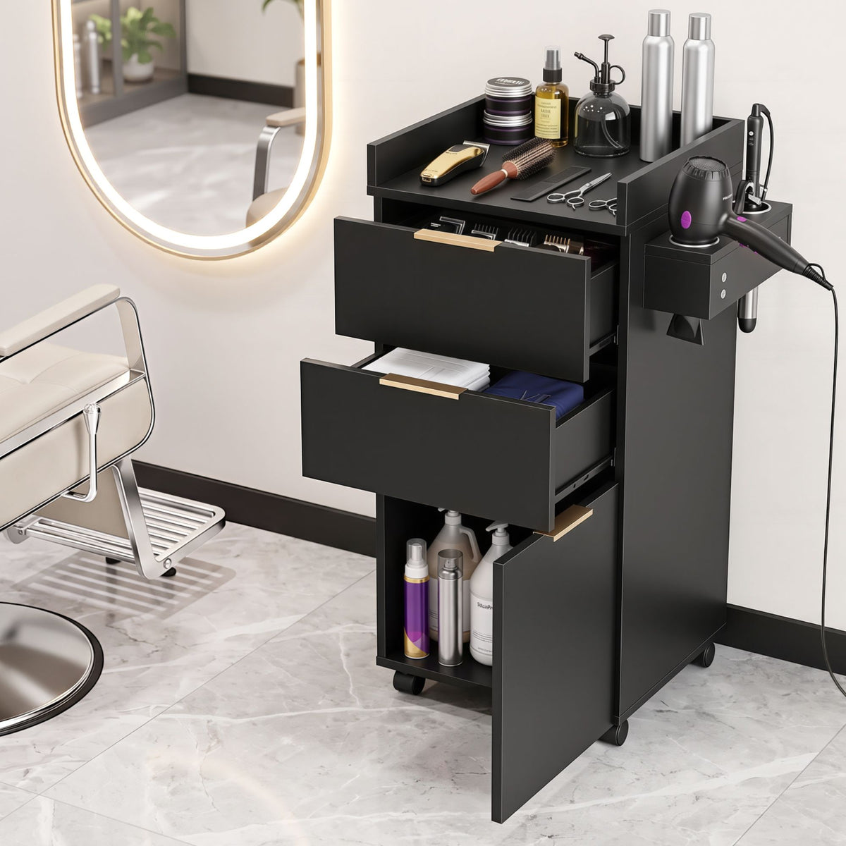 Professional Salon Station Rolling Cart, Hair Styling Beauty Cabinet with 2 Drawers, Large Supply Cabinet & 3 Appliance Holders, Wood Barber Spa Trolley with 360° Wheels for Skincare & Vanity, Black